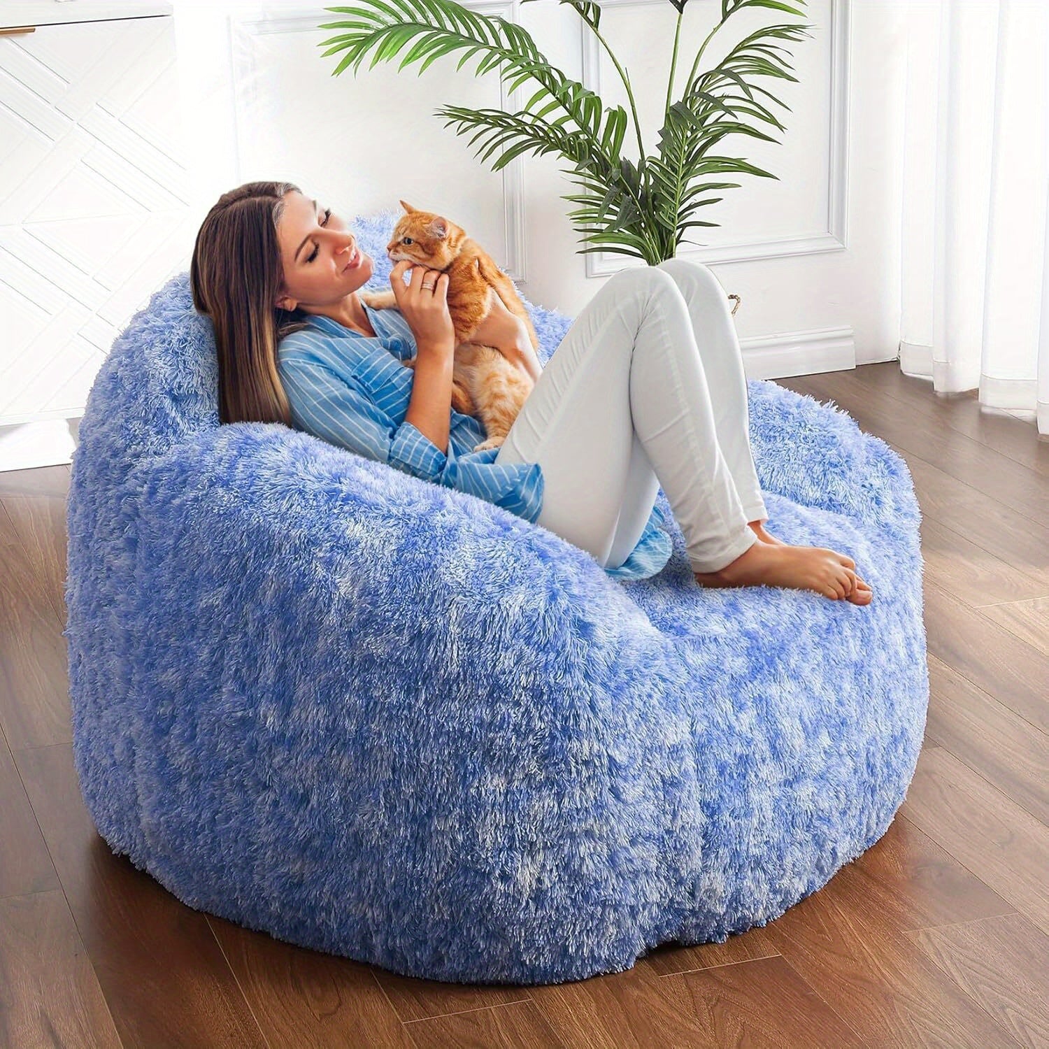 EuKer Bean Bag Chair, Plush Lazy Sofa High-Density Foam Floor Sofa with Armrest, Blue