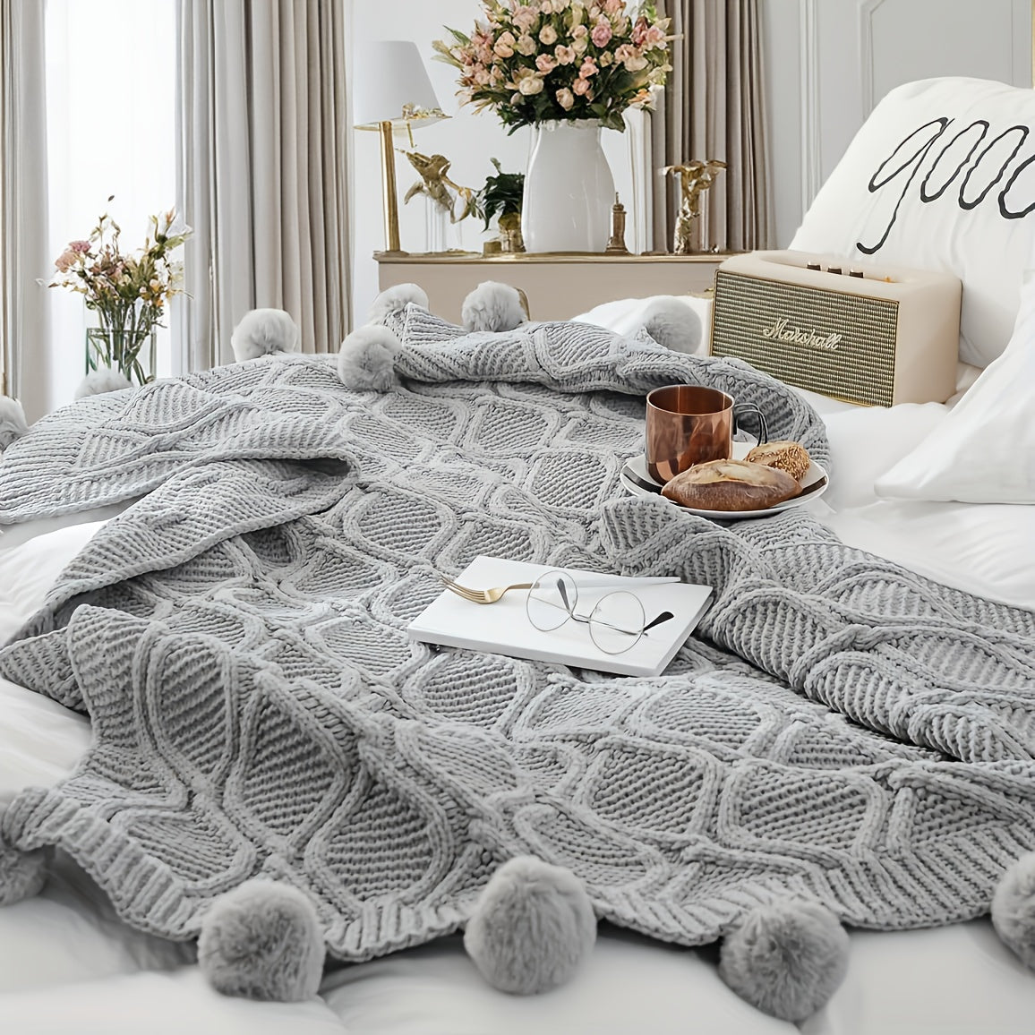 Ultra Soft Cozy Chenille Solid Color Throw Blanket with 16pcs Handmade Pom Poms Rhombus Textured Best Gift to Friend And Parents Blanket Decorative for Sofa Couch Bed 50x60 Inches Weight 2.2 Pounds