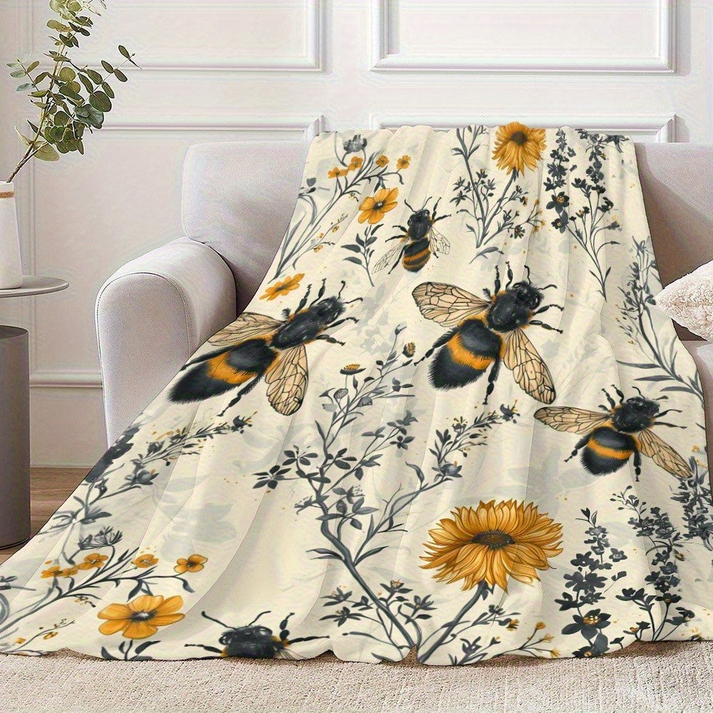 1pc 280gsm Heavyweight Vintage Hand-Drawn Bees & Wildflowers Flannel Fleece Blanket - Soft Warm All-Season \u002FGreen\u002FYellow\u002FBlack\u002FBrown Beige Throw for Bed, Couch, Camping, Travel - Cozy Bee & Botanical Print Polyester Bedspread, Throw Bl