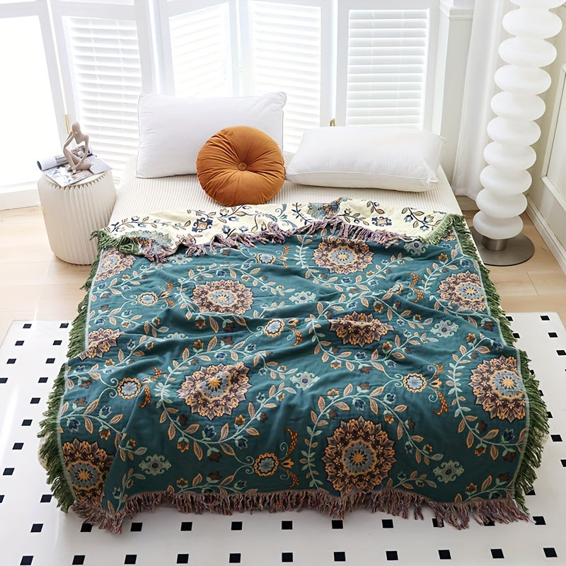 1pc Tassel Cotton Multi-layer Gauze Throw Blanket, Nap Blanket, Sofa Towel, Bed Cover Towel, Multi-function Blanket, Can Be Directly Contacted with Beige, Machine Washable, No Deformation, No Ball, No Shrinking, Gift for Friends, Family,  Floral