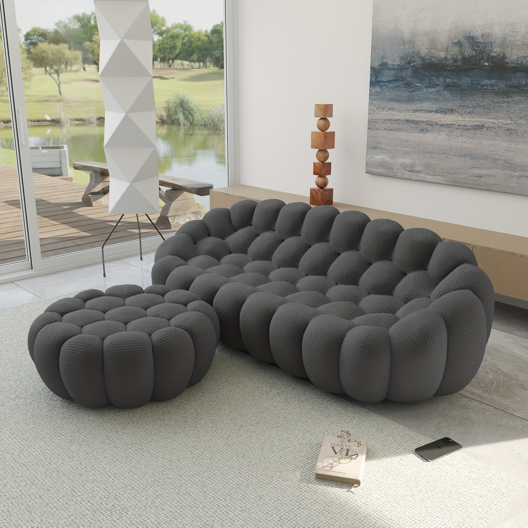 Modern Oversized Bean Bag Sofa with Ottoman - 3D Knitted Fabric, Orange, Football-Shaped Design, No Assembly Required, 700 lbs Load Capacity, Perfect for Contemporary Living Rooms, Sofa for Living Room