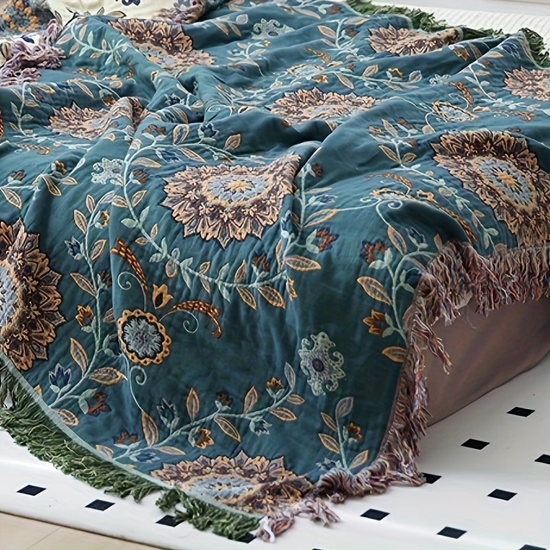 1pc Tassel Cotton Multi-layer Gauze Throw Blanket, Nap Blanket, Sofa Towel, Bed Cover Towel, Multi-function Blanket, Can Be Directly Contacted with Beige, Machine Washable, No Deformation, No Ball, No Shrinking, Gift for Friends, Family,  Floral