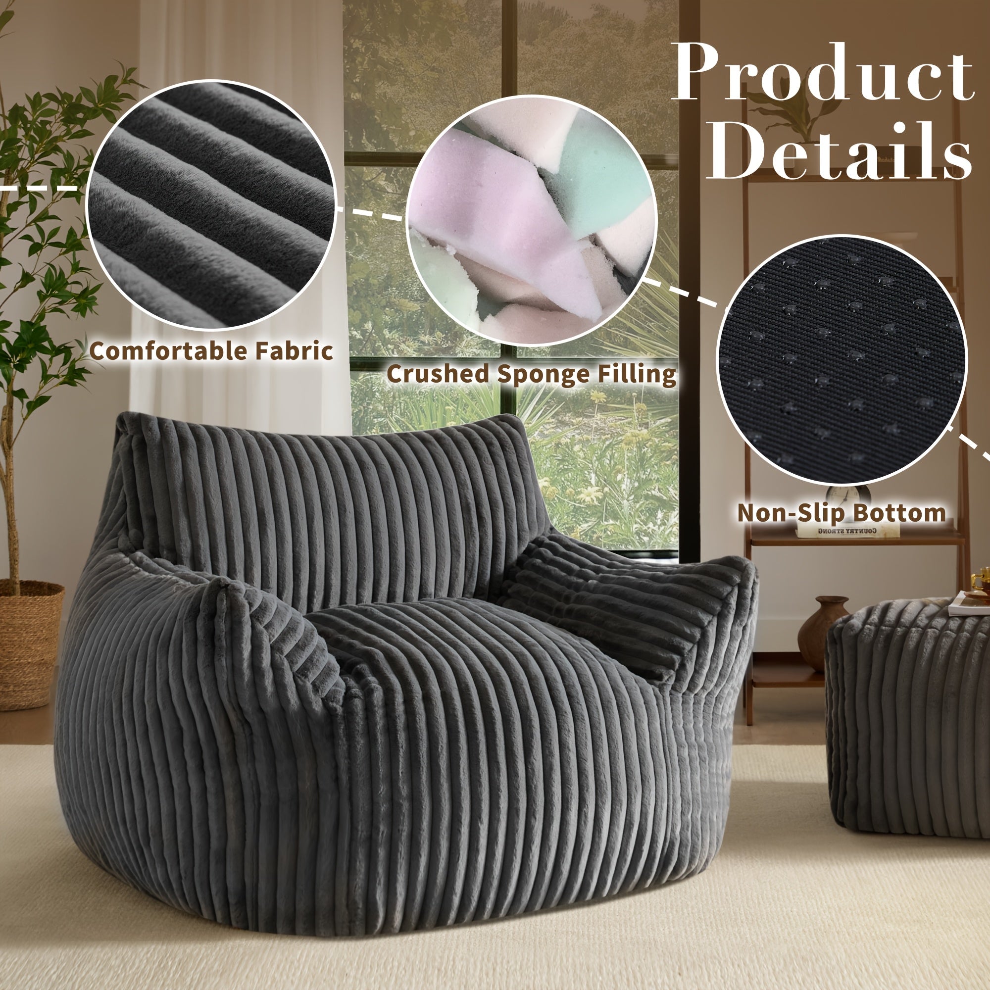 Living&Giving Oversize Bean Bag Chair, Family Corner Chair, Sofa, Fireplace Chair, Lazy Sofa, Compressed Sponge Sofa, Floor Single Leisure Chair, Sofa Bed, Suitable For Various Occasions In Hall, Office, Bedroom, Apartment, Restaurant