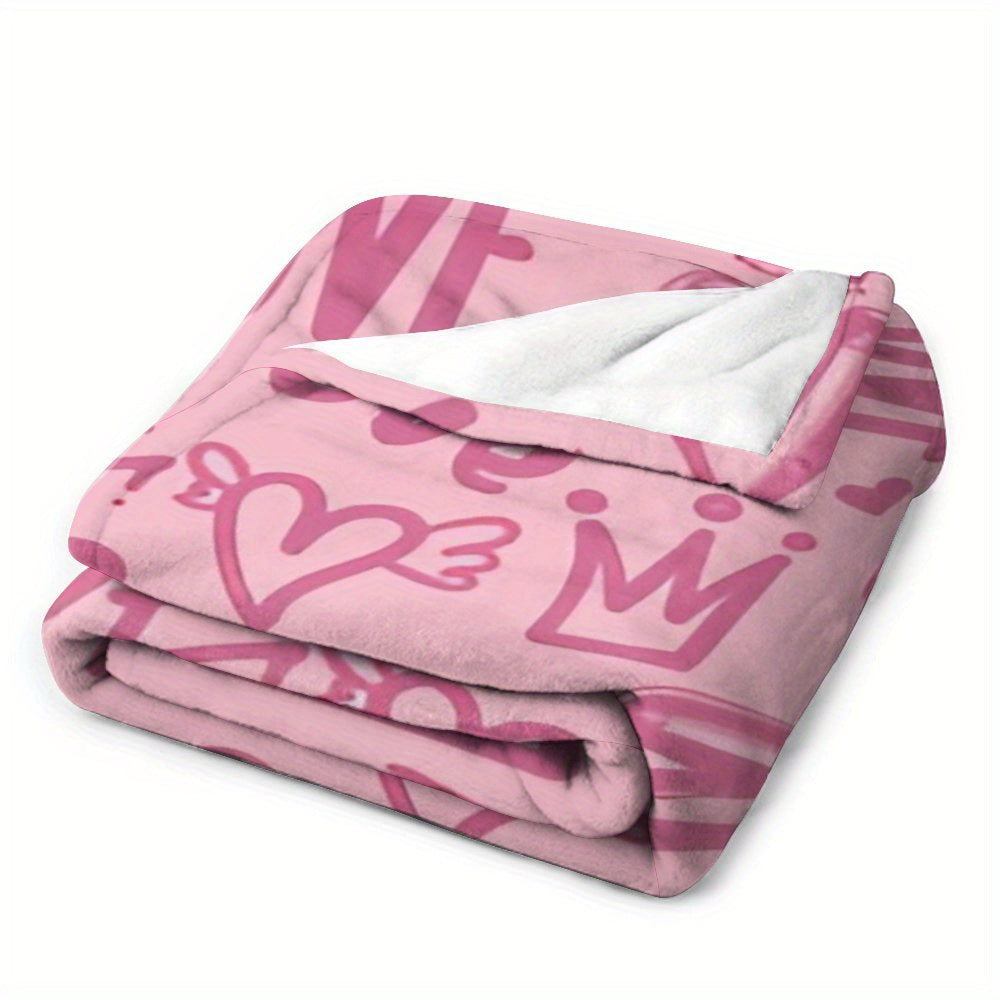 1pc Extra-Large Flannel Throw Blanket - Super Soft & Plush All-Season Luxury Bedspread\u002F Couch Cover - Pastel Pink with Hearts, Love Letters & Crown Designs - Lightweight Warm Bedspread for Queen\u002FKing Beds, Sofa, Travel - Machine Washable Cozy Ho