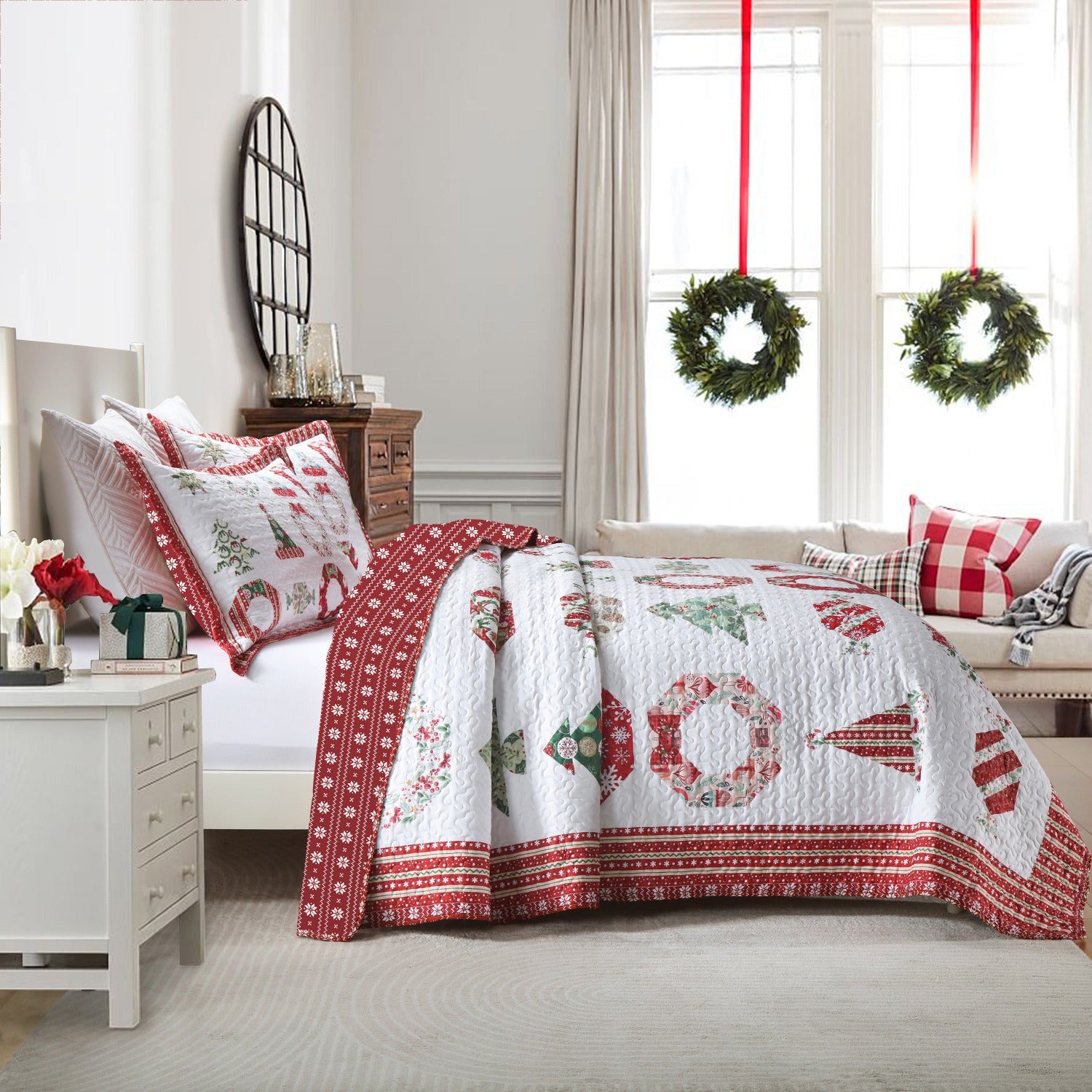 3 PCS Winter Christmas Quilt Bedspread Set - Holiday Bedding Set with Festive Christmas Patterns Including Trees, Wreaths & Candies, Soft Polyester Quilt for Bedroom Decor, Multi - Use As Bed Coverlet\u002FAC Quilt\u002FSofa Blanket, Ideal for Christmas S
