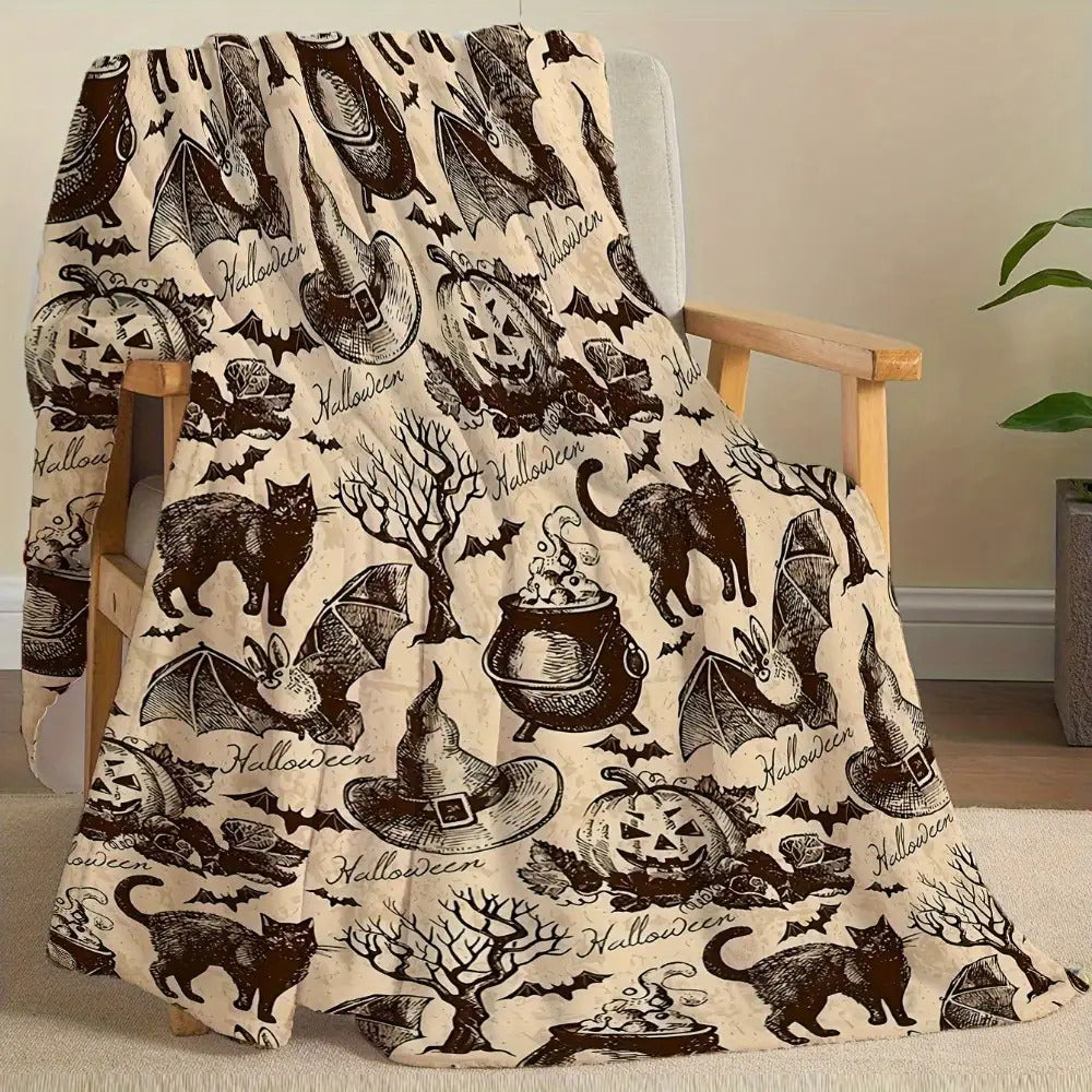 Soft & Cozy Halloween Flannel Blanket - Heavyweight 280GSM Plush All-Season Throw with Black & White Spooky Bat, Pumpkin, Witch Hat, Bats, Ghosts, Witches & Cauldrons Print - Machine Washable Sofa Bedspread for Couch, Bed, or Floor - Cozy Fall & Halloween