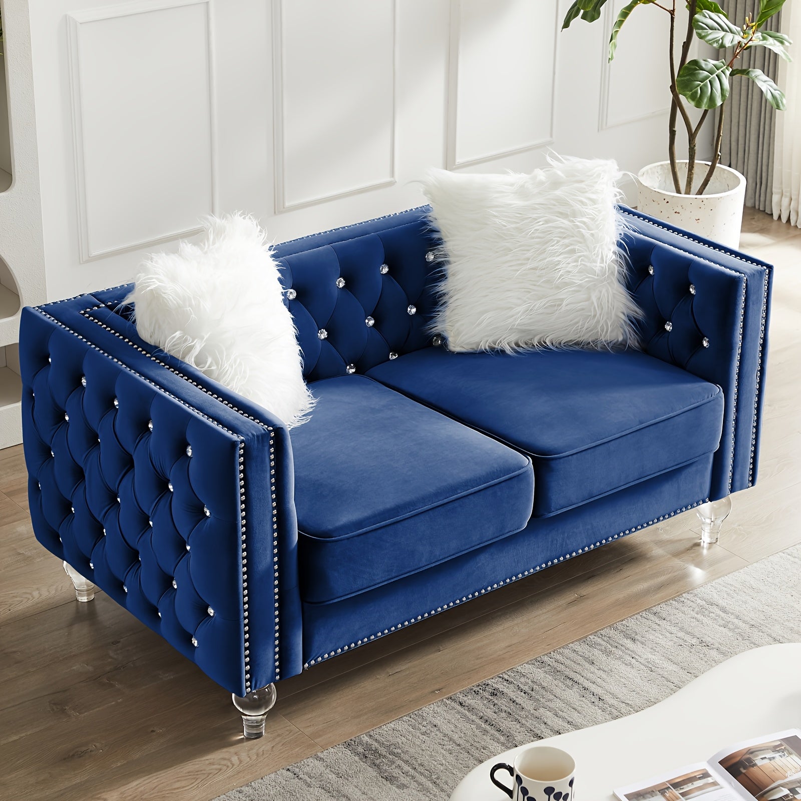 Velvet Loveseat Sofa 59 Inch Jeweled Buttons Tufted Loveseat with Acrylic Crystal Legs And 2 Pillows Modern Furniture for Living Room, Bedroom