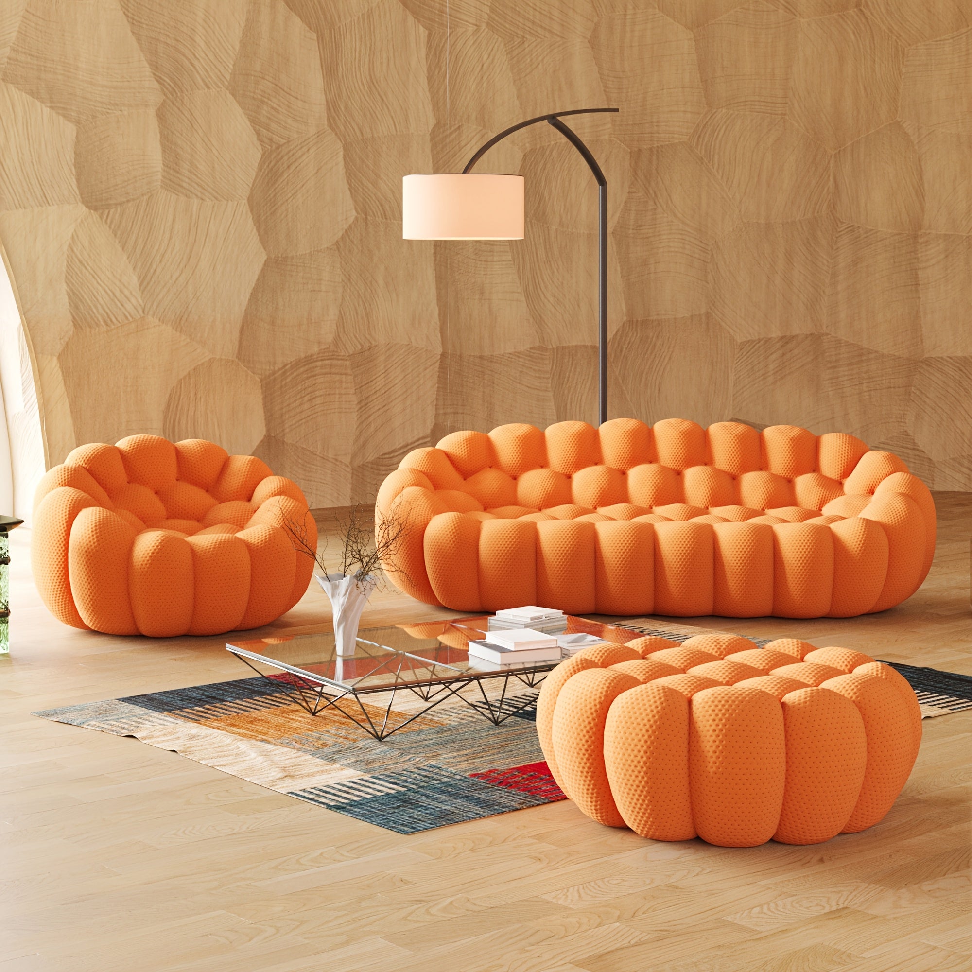 Modern Oversized Bean Bag Sofa with Ottoman - 3D Knitted Fabric, Orange, Football-Shaped Design, No Assembly Required, 700 lbs Load Capacity, Perfect for Contemporary Living Rooms, Sofa for Living Room