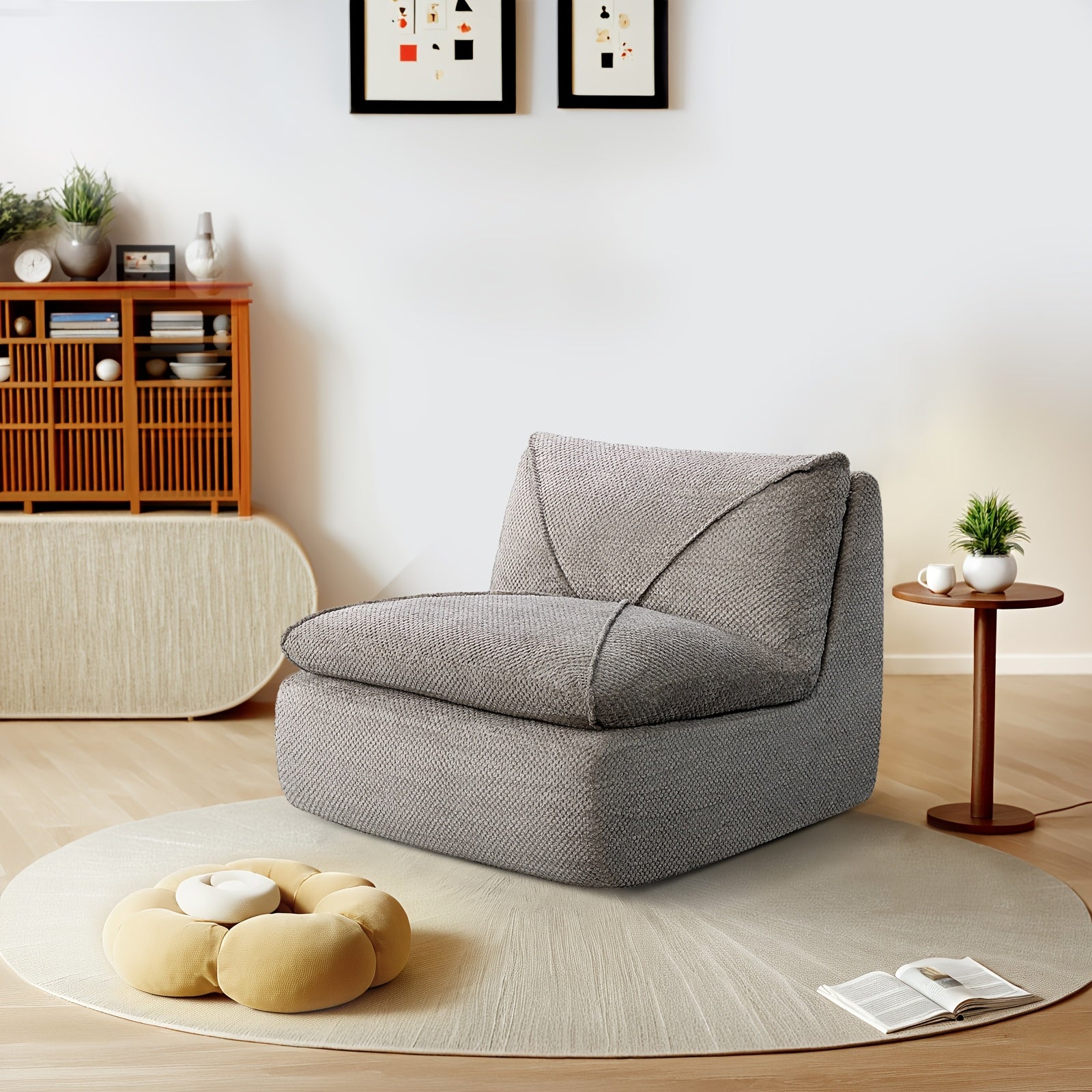 KERDOM 35.4'' Wide Armless Leisure Sofa, Breathable -linen Fabric, Modern Accent Chair With Ottoman Set For Apartment, Ergonomic Reading Chair With Foot Rest For Bedroom Living Room, Outdoor Lounge Chair, Indoor Office Nap Chair Assemble Free