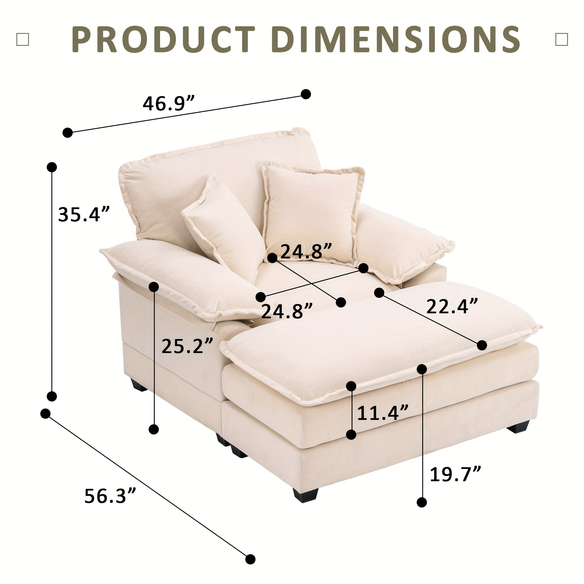 56.3 Inch Velvet Single Sofa with 2 Folding Pillows And An Ottoman, Comfort Sofa - Living Room Deep Seating Sofa for Living Room Apartment