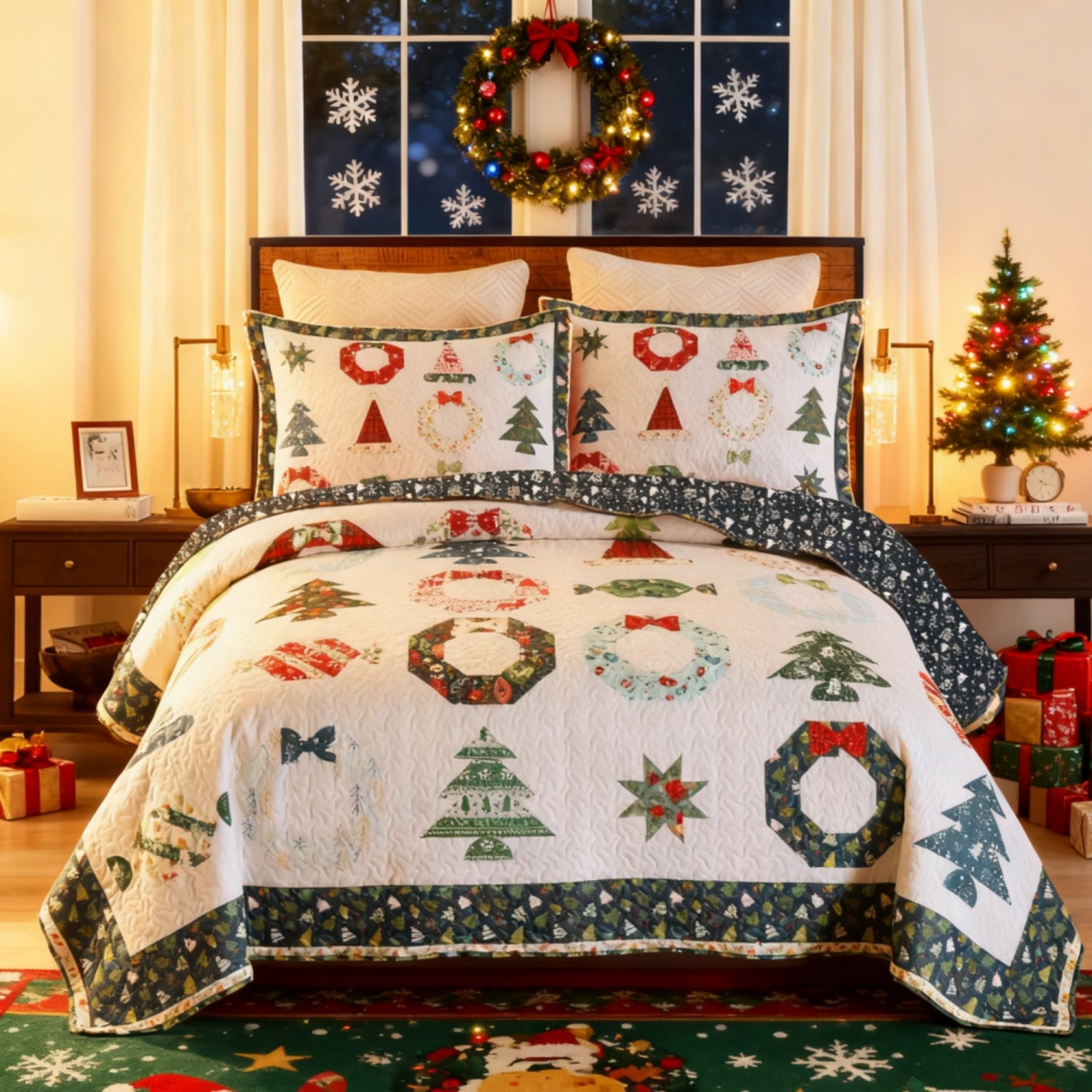 3 PCS Winter Christmas Quilt Bedspread Set - Holiday Bedding Set with Festive Christmas Patterns Including Trees, Wreaths & Candies, Soft Polyester Quilt for Bedroom Decor, Multi - Use As Bed Coverlet\u002FAC Quilt\u002FSofa Blanket, Ideal for Christmas S