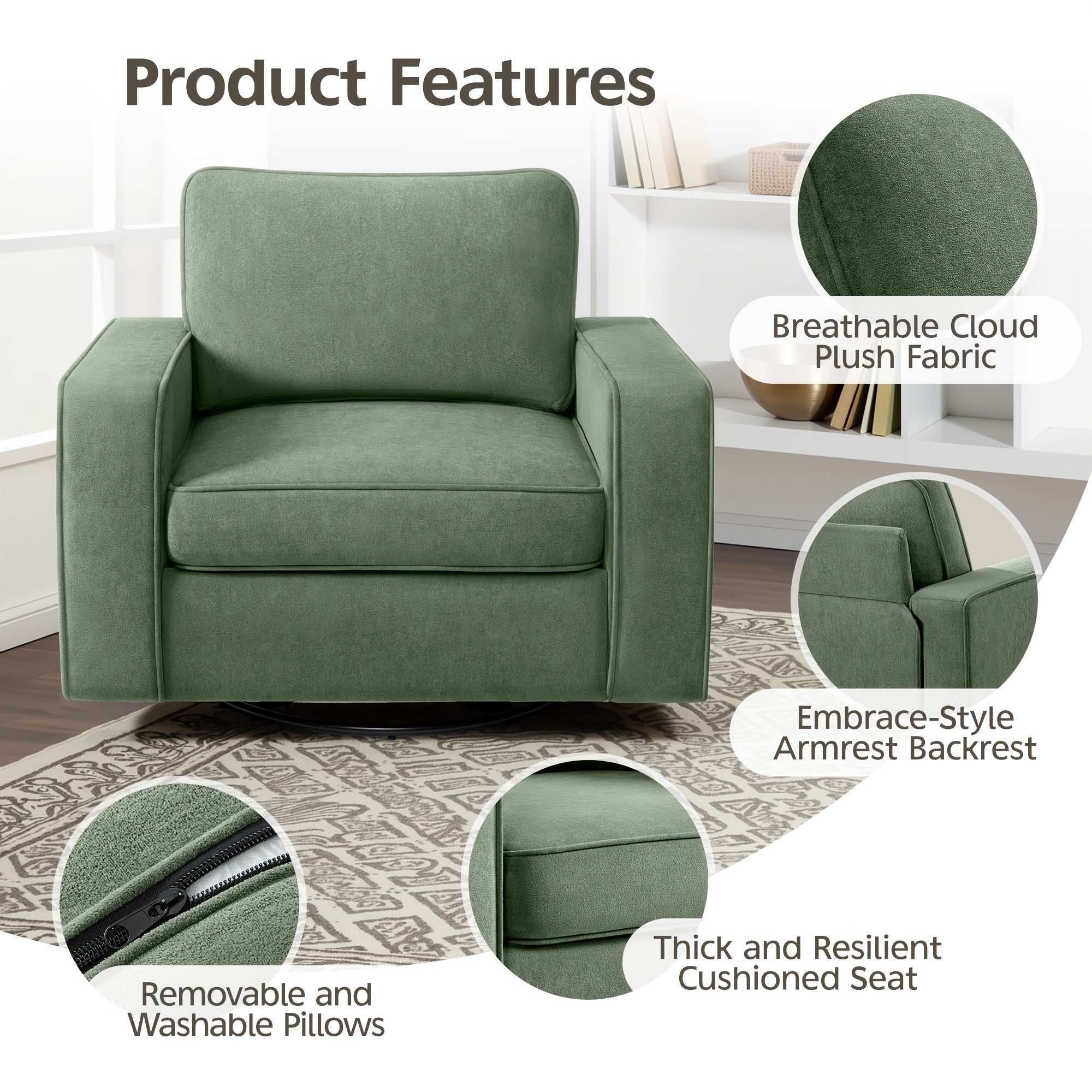 KERDOM 360° Swivel Barrel Sofa Chair, Modern Single Sofa Lounge Armchair, Cloud Plush Rotating Accent Sofa, Seating Corner Nook Side Reading Seat 360 Degree Rotation Base, Removable And Washable Pillows, One-Seater Sofa Chair for Office\u002FLeisure Room