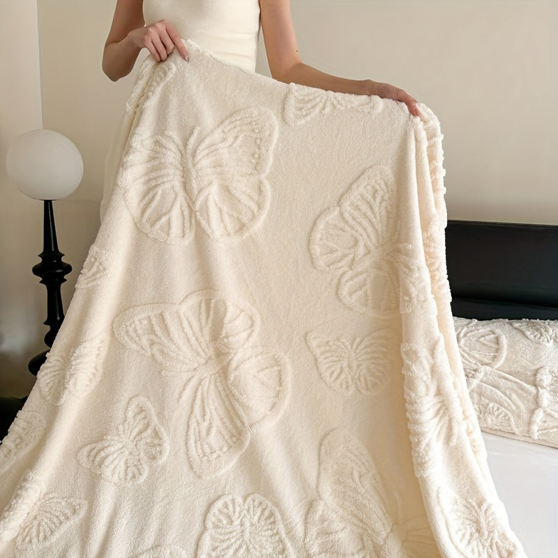 1pc Cozy White Jacquard Flannel Blanket with Elegant Butterfly Pattern – Soft Double-Sided Velvet for Office, Lunch Break, or All-Season Comfort