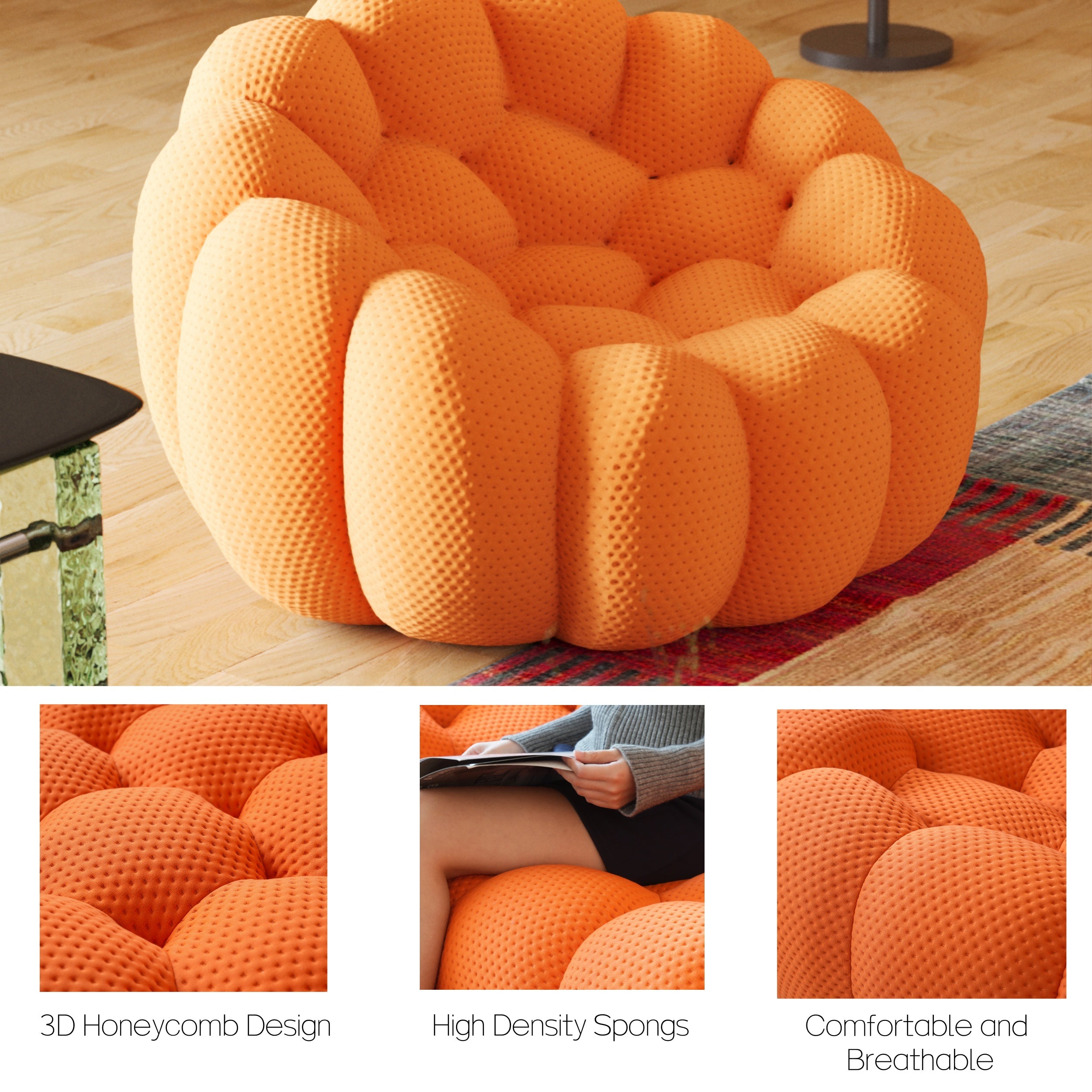 Comfy Upholstered Sofa, Mesh Fabric Floor Sofa, 3D Honeycomb Shape Modern Couch For Living Room, Office, Apartment