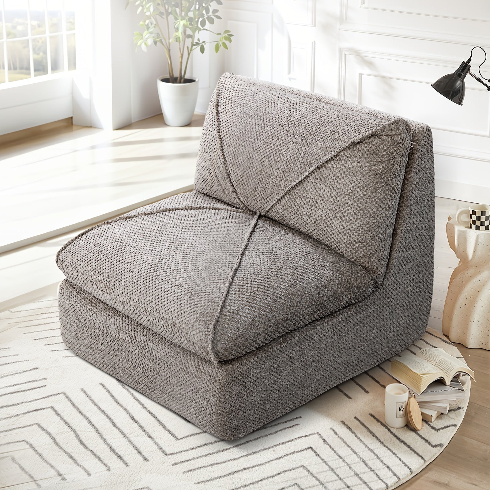 KERDOM 35.4'' Wide Armless Leisure Sofa, Breathable -linen Fabric, Modern Accent Chair With Ottoman Set For Apartment, Ergonomic Reading Chair With Foot Rest For Bedroom Living Room, Outdoor Lounge Chair, Indoor Office Nap Chair Assemble Free