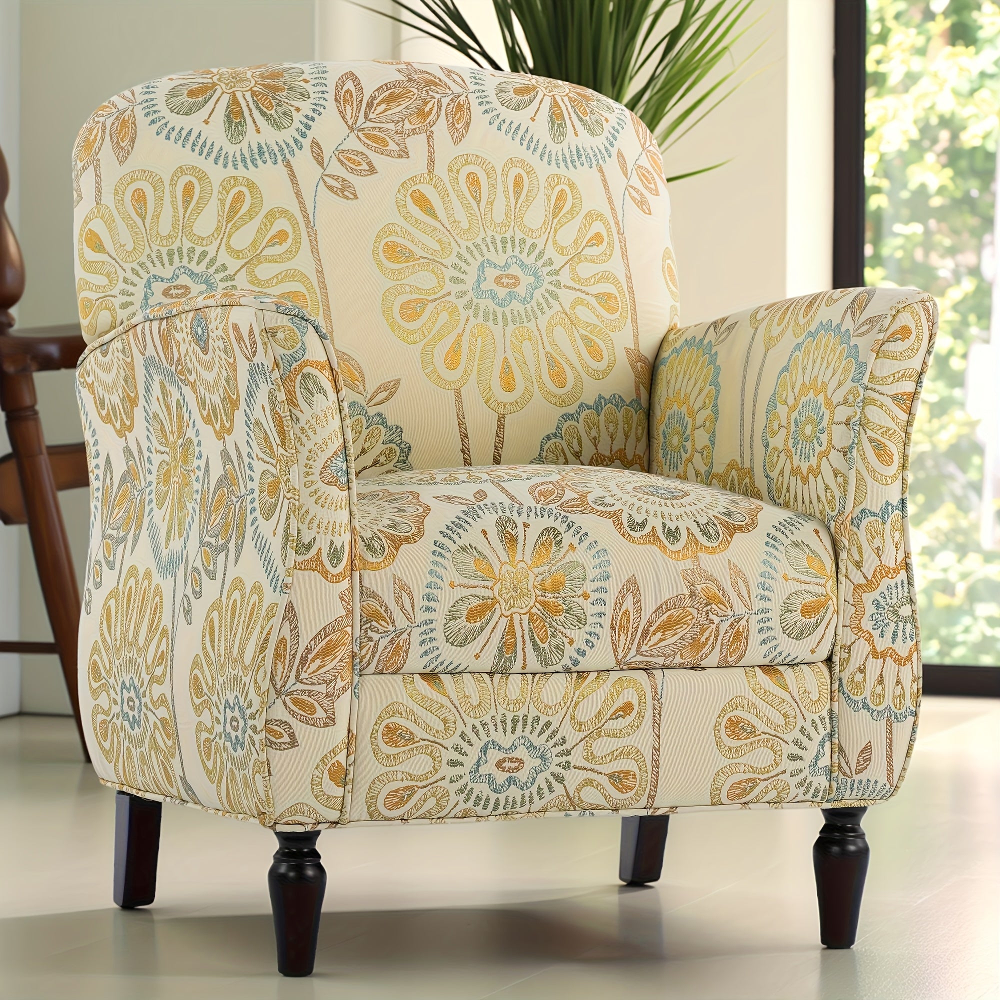 Fresh and Elegant Single Sofa with Sunflower Pattern Embellishment, Ergonomic Design, Fits Curvy Figures, Classic Black Solid Wood Base, Suitable for Living Room, Study, Bedroom, etc