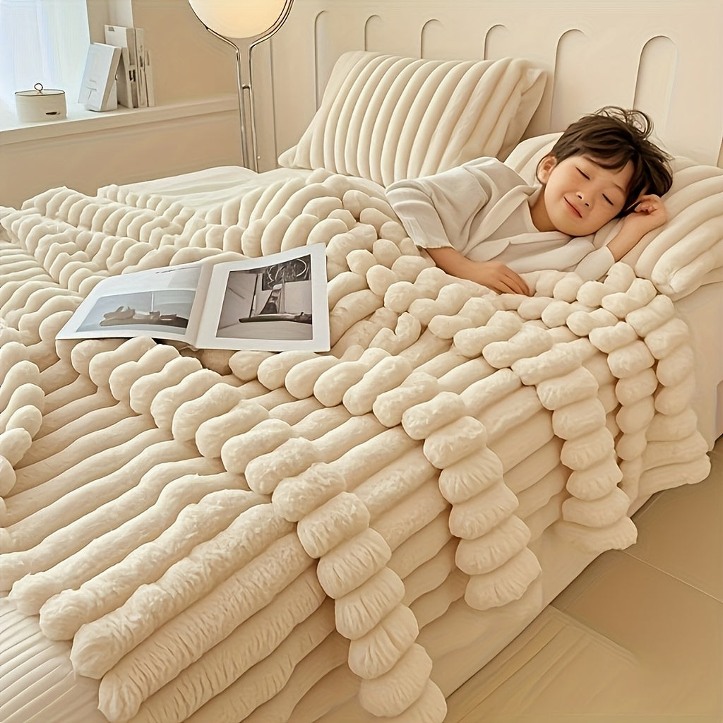 Luxurious Cream Faux Rabbit Fur Throw Blanket - Ultra-Soft, Warm & Cozy for Bed, Couch, Office, Travel - Striped Design, Machine Washable, Perfect All-Season Gift for Youngsters and Adults