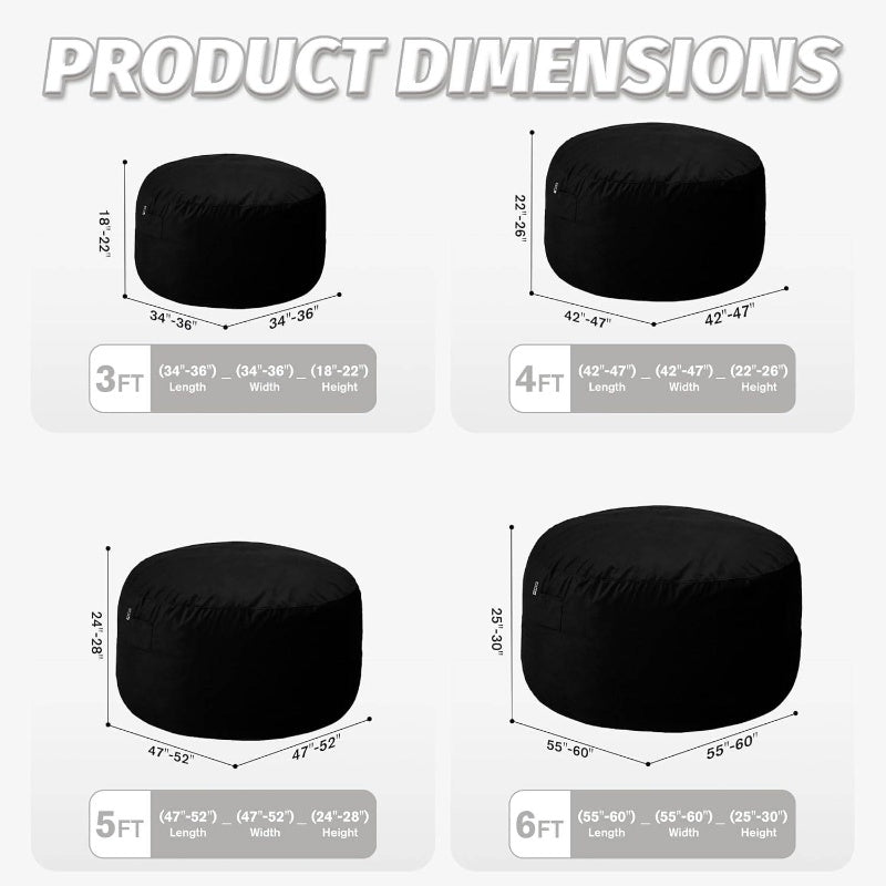 5ft Large Bean Bag Chair with Ultra-Soft Velvet-Like Cover - Heavy-Duty Foam-Filled Lazy Sofa, Beige & Black, Easy Inflate\u002FDeflate, Durable Fabric for Living Room, Bedroom, Dorm, Office - Portable Comfortable Seating, No Assembly Required