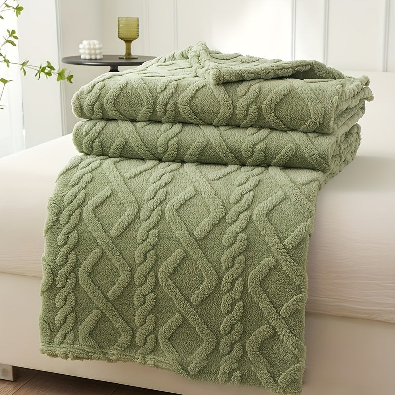 1pc Lamb Fleece Blanket - Plush Thick Warm All-Season Soft Green Flannel Throw with 3D Fashionable Design, Multifunctional for Bed, Couch & Travel, Luxury French Style Cozy Bedding in Muted Green Tones (Beige, Blue, Pink, Grey, White, Black) - Durable & E