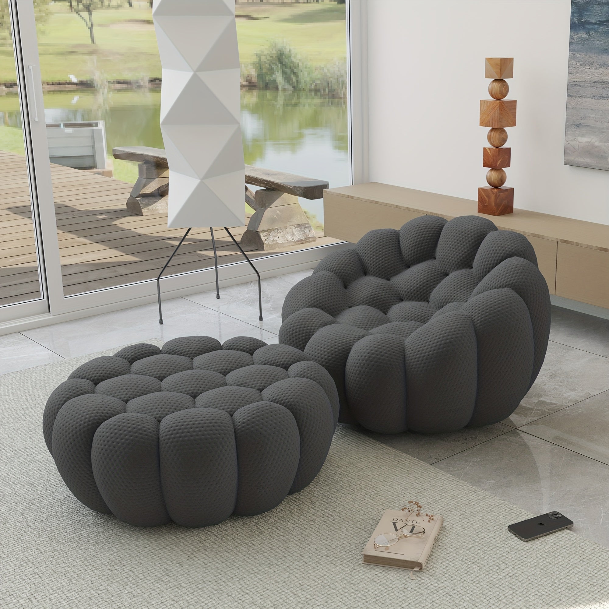 Modern Oversized Bean Bag Sofa with Ottoman - 3D Knitted Fabric, Orange, Football-Shaped Design, No Assembly Required, 700 lbs Load Capacity, Perfect for Contemporary Living Rooms, Sofa for Living Room