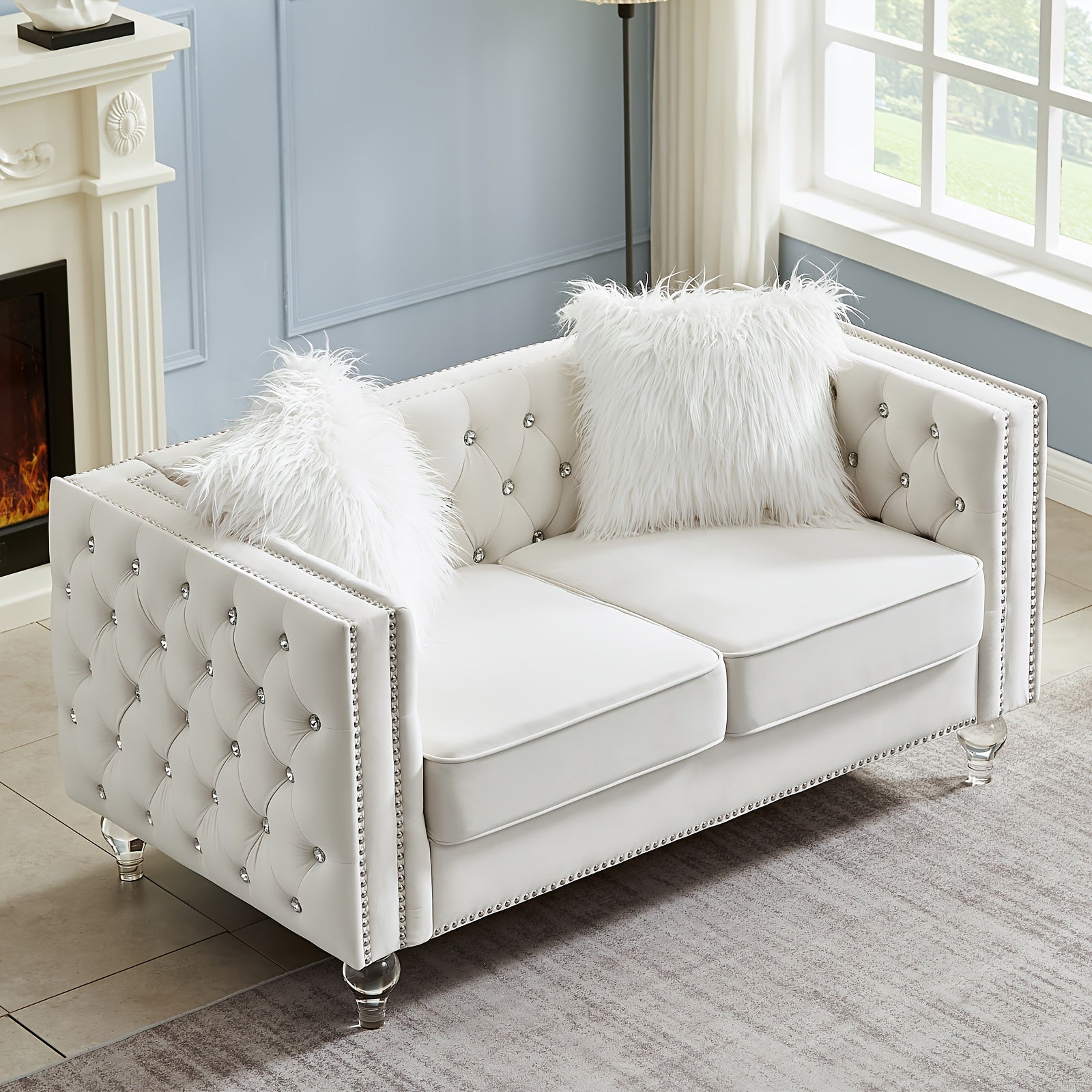Velvet Loveseat Sofa 59 Inch Jeweled Buttons Tufted Loveseat with Acrylic Crystal Legs And 2 Pillows Modern Furniture for Living Room, Bedroom