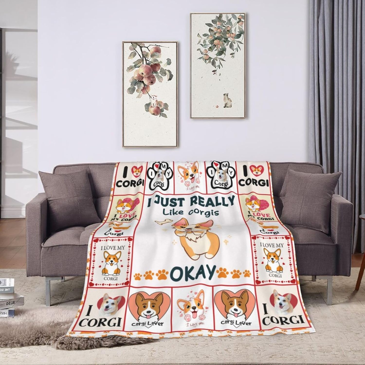 1pc Extra Large Corgi Blanket - Soft Plush Flannel Throw with Corgi Faces, Paw Prints & Bone Patterns - All-Season Couch Bedspread for Women, Girls, Corgi Lovers - Machine Washable Gift for Dog Owners (50\