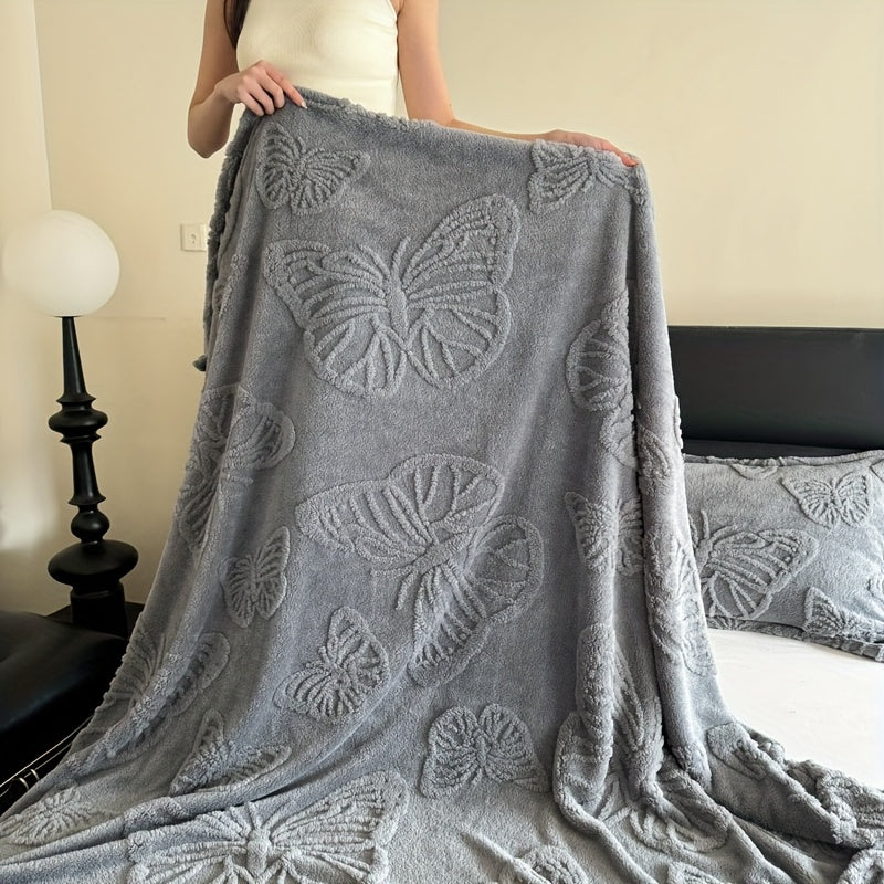 1pc Cozy White Jacquard Flannel Blanket with Elegant Butterfly Pattern – Soft Double-Sided Velvet for Office, Lunch Break, or All-Season Comfort