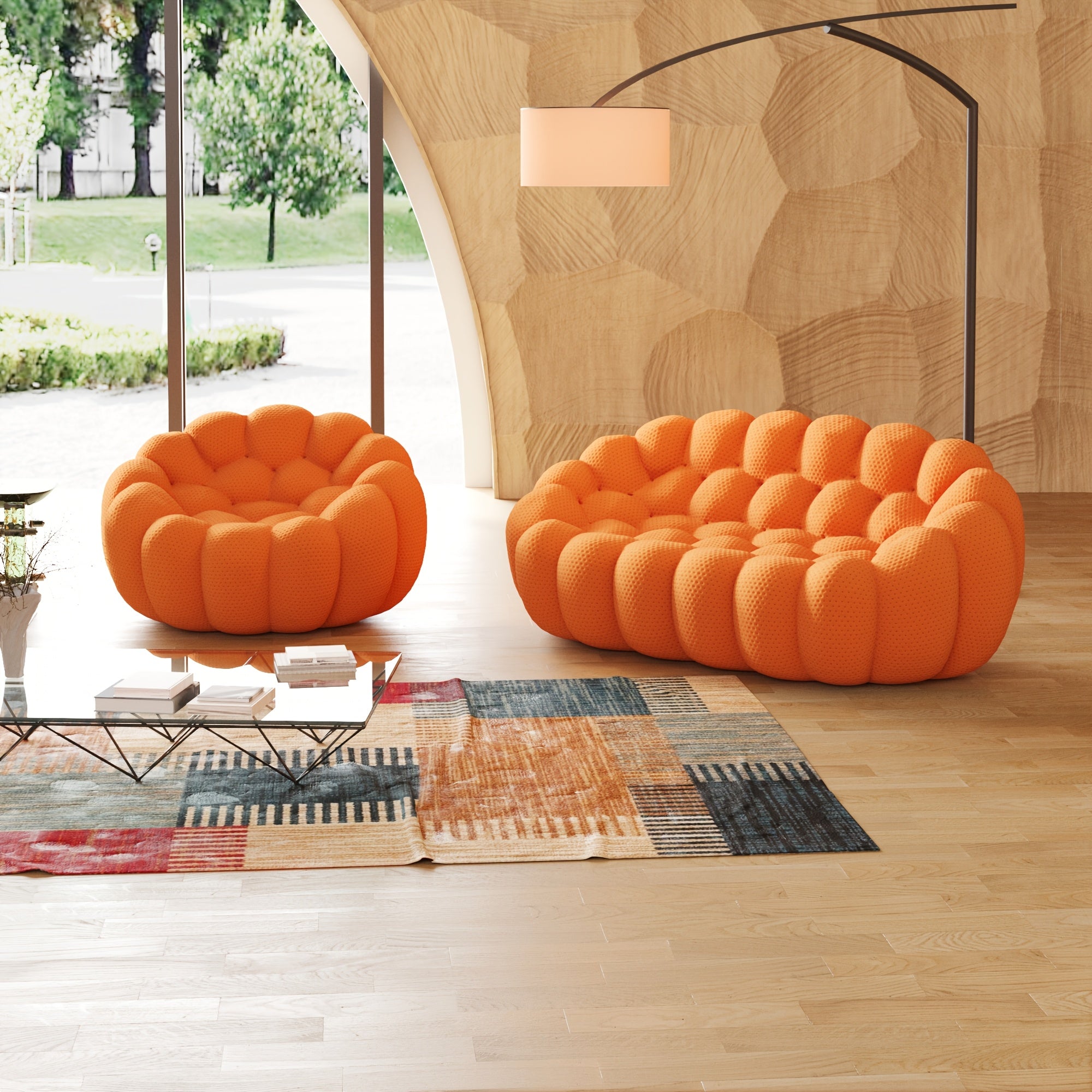 Modern Oversized Bean Bag Sofa with Ottoman - 3D Knitted Fabric, Orange, Football-Shaped Design, No Assembly Required, 700 lbs Load Capacity, Perfect for Contemporary Living Rooms, Sofa for Living Room