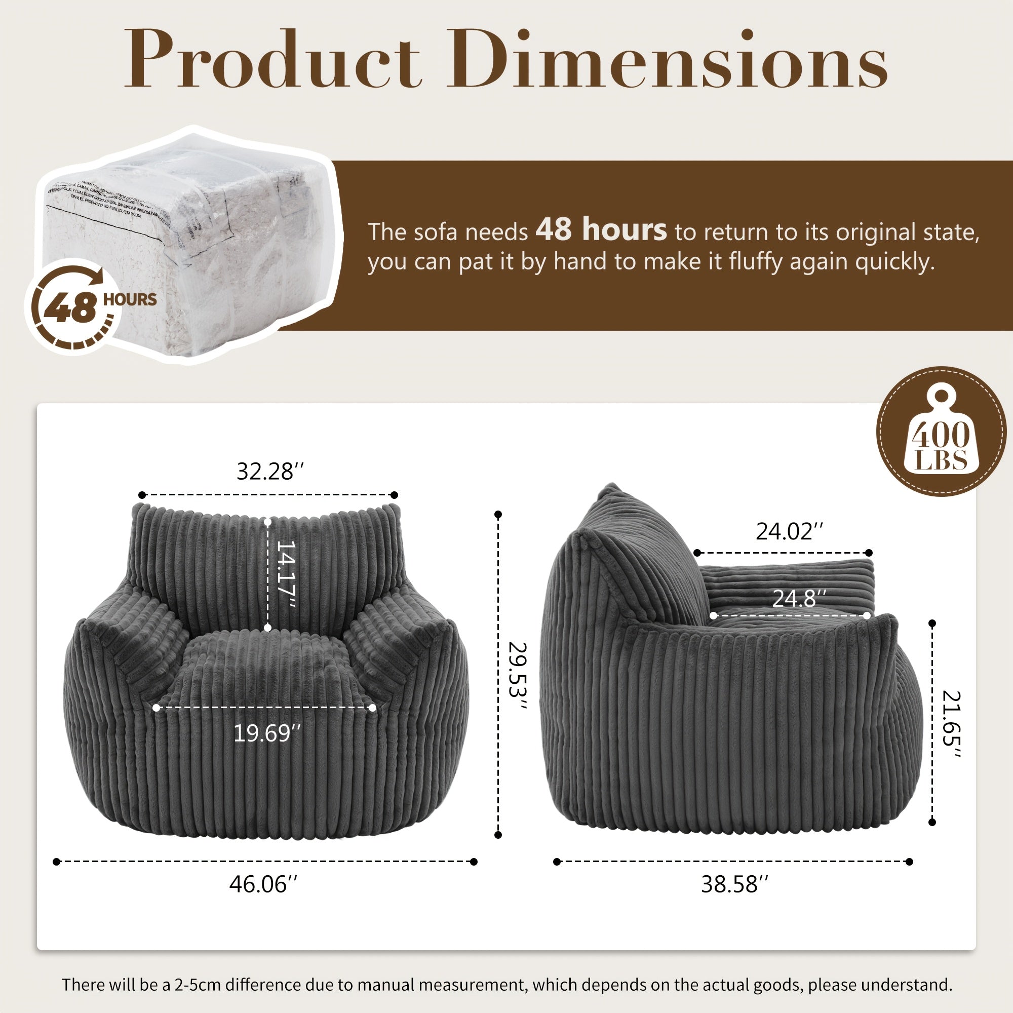 Living&Giving Oversize Bean Bag Chair, Family Corner Chair, Sofa, Fireplace Chair, Lazy Sofa, Compressed Sponge Sofa, Floor Single Leisure Chair, Sofa Bed, Suitable For Various Occasions In Hall, Office, Bedroom, Apartment, Restaurant