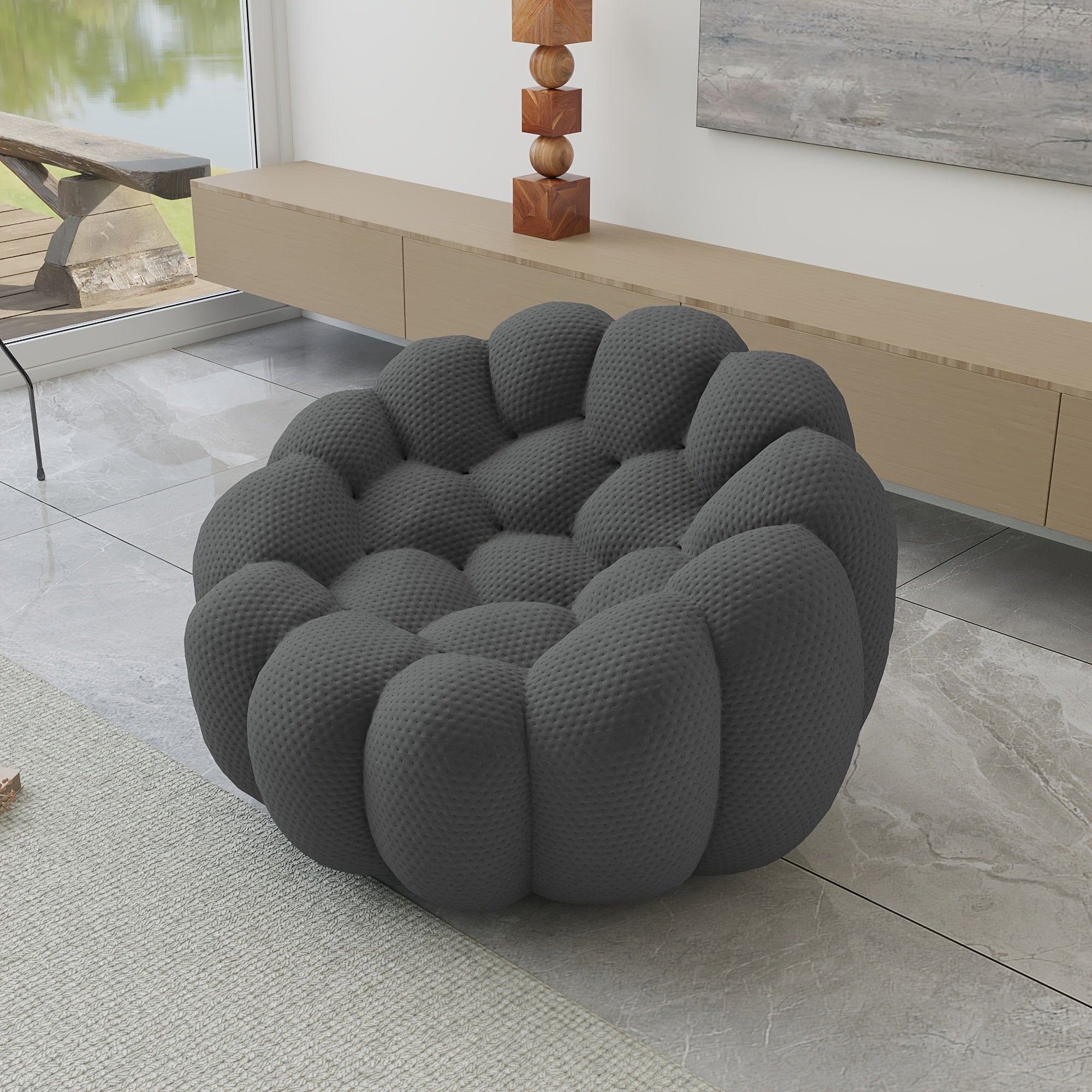 Modern Oversized Bean Bag Sofa with Ottoman - 3D Knitted Fabric, Orange, Football-Shaped Design, No Assembly Required, 700 lbs Load Capacity, Perfect for Contemporary Living Rooms, Sofa for Living Room