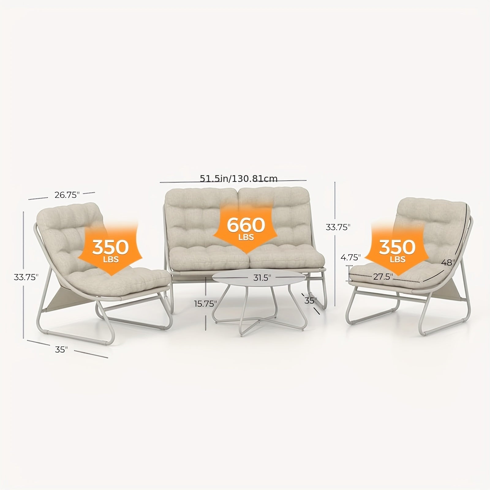 4pcs Outdoor Patio Furniture Set with Removable Cushions & Coffee Table - Heavy-Duty Metal Frame, All-Weather Grey Sectional Sofa with Loveseat, 2 Armchairs & Coffee Table, Garden Furniture, Patio Furniture Outdoor