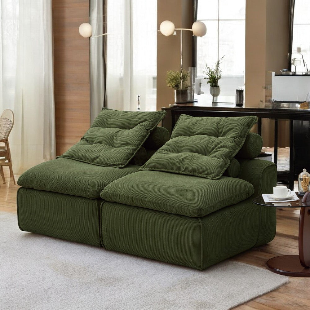 Modular 2-Seater Sofa Bed - Soft Corduroy Convertible Sleeper with No Armrests, DIY-Friendly Design, Includes Neck & Lumbar Pillows, Space-Saving for Apartments, Reading Nooks, Dorms (Green), Dorm Room Bed | Corduroy Upholstery | Comfortable Seating