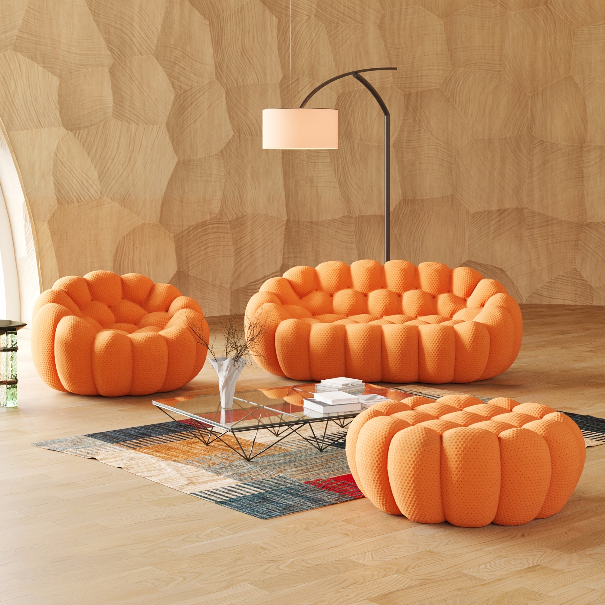 Modern Oversized Bean Bag Sofa with Ottoman - 3D Knitted Fabric, Orange, Football-Shaped Design, No Assembly Required, 700 lbs Load Capacity, Perfect for Contemporary Living Rooms, Sofa for Living Room