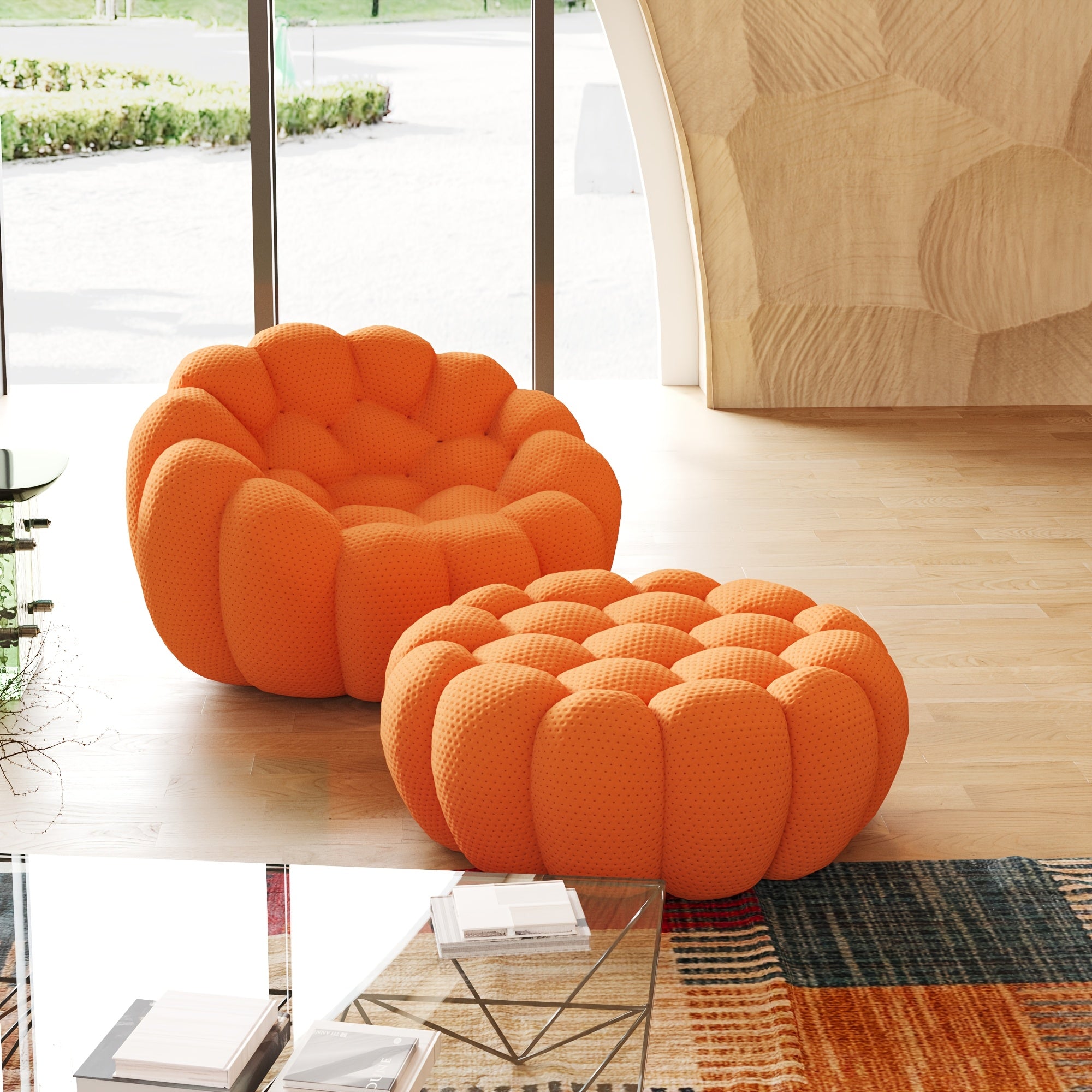 Modern Oversized Bean Bag Sofa with Ottoman - 3D Knitted Fabric, Orange, Football-Shaped Design, No Assembly Required, 700 lbs Load Capacity, Perfect for Contemporary Living Rooms, Sofa for Living Room