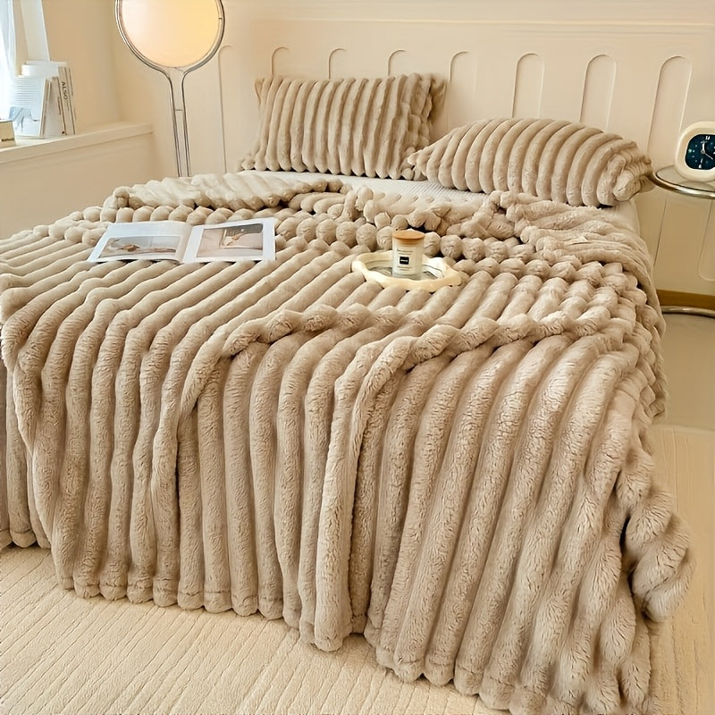 Luxurious Cream Faux Rabbit Fur Throw Blanket - Ultra-Soft, Warm & Cozy for Bed, Couch, Office, Travel - Striped Design, Machine Washable, Perfect All-Season Gift for Youngsters and Adults