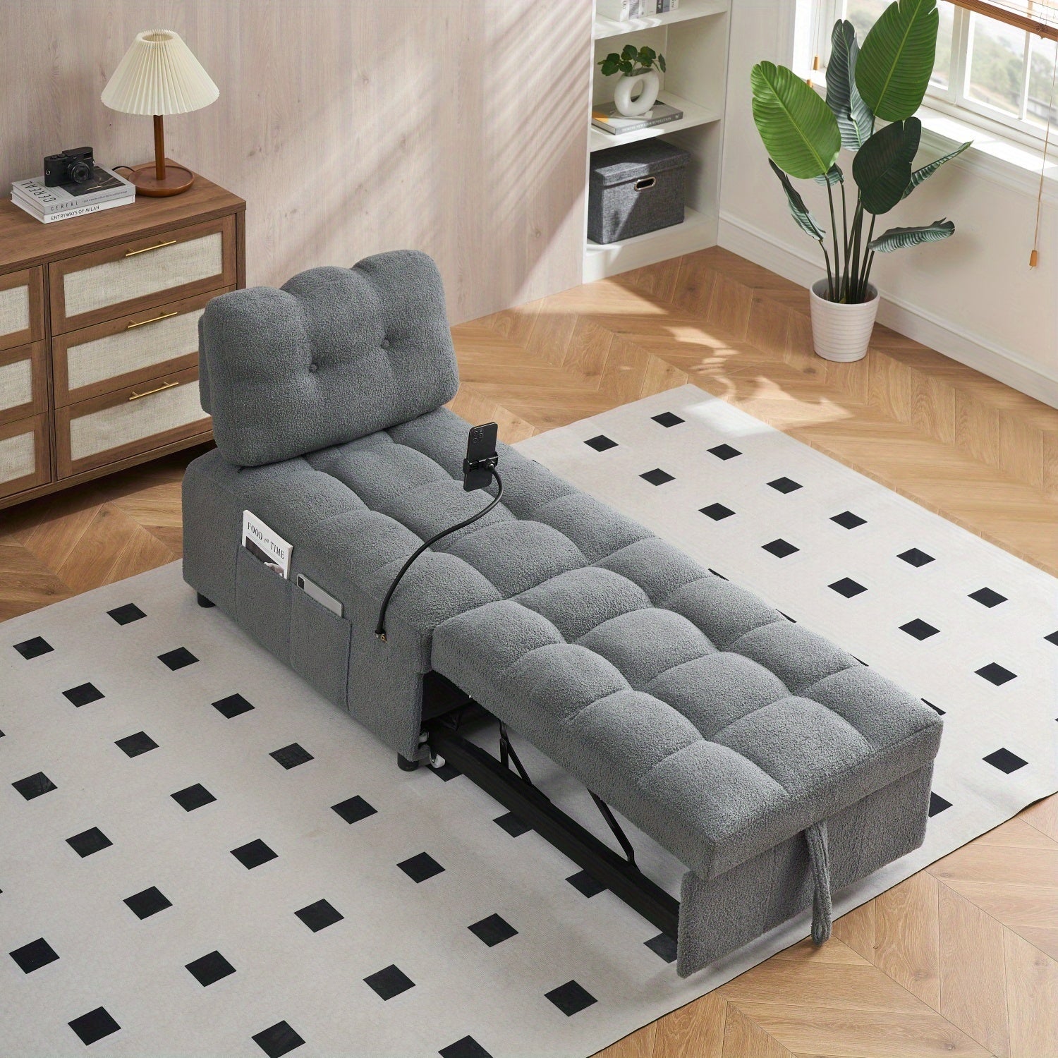 Convertible Pull-Out Sofa Bed With Phone Holder, Single Sofa Chair With Soft Teddy Velvet Fabric, Space-Saving Design, Easy Transform Into Bed For Small Spaces, Living Room, Bedroom, Office, Halloween Gift, Xmas Decor, Pink