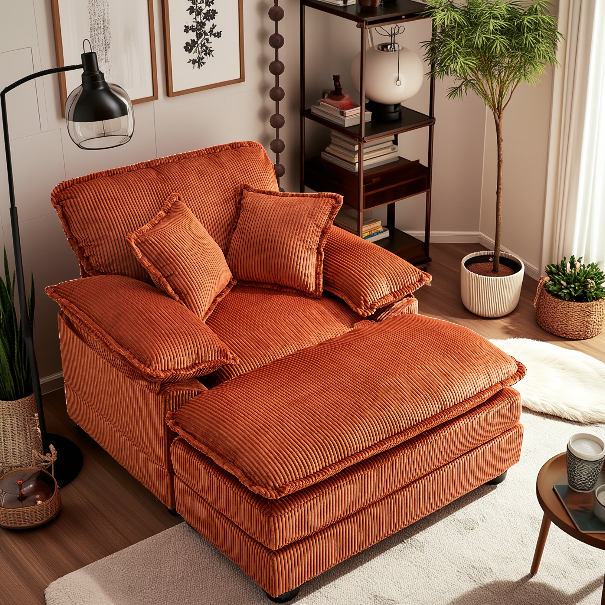 Corduroy Single Sofa With 2 Folding Pillows And An Ottoman, Comfort Sofa - Living Room Deep Seating Sofa