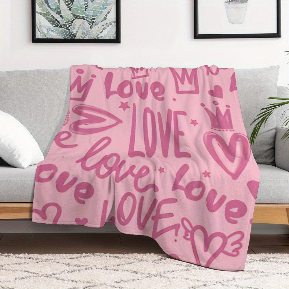 1pc Extra-Large Flannel Throw Blanket - Super Soft & Plush All-Season Luxury Bedspread\u002F Couch Cover - Pastel Pink with Hearts, Love Letters & Crown Designs - Lightweight Warm Bedspread for Queen\u002FKing Beds, Sofa, Travel - Machine Washable Cozy Ho
