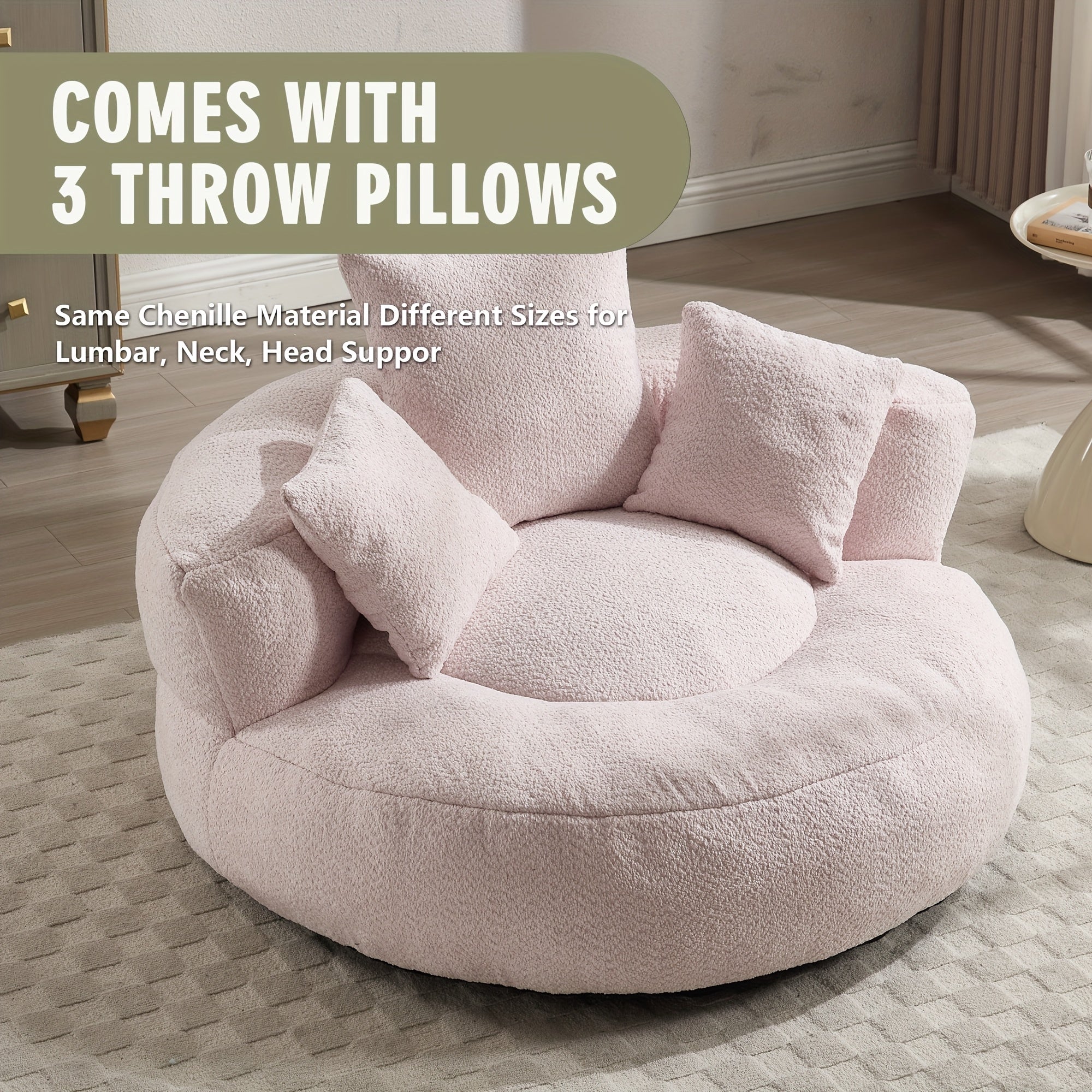 Plush Dark Blue Bean Bag Chair with Pillows - High-Density Foam Filled Round Sofa for Adults, Cozy Chenille Upholstery, Modern Living Room Furniture, Soft and Comfortable Design, Cozy Seating | Integrated Pillow Style | Textured Fabric, Sofa Chair