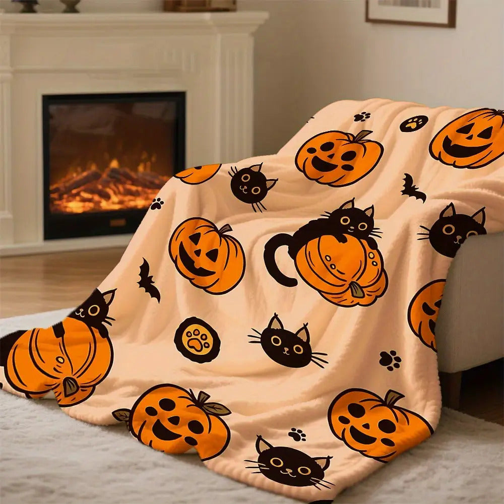 1pc Halloween Cat & Pumpkin Fleece Blanket - All-Season Cozy 250-300 GSM Flannel Throw with Cats, Jack-O'-Lanterns & Bats - Soft Warm Bed, Couch, Camping, Office Blanket - Machine Washable Gift for Pet Lovers, Spooky Home Decor (Orange & ) - Perfect