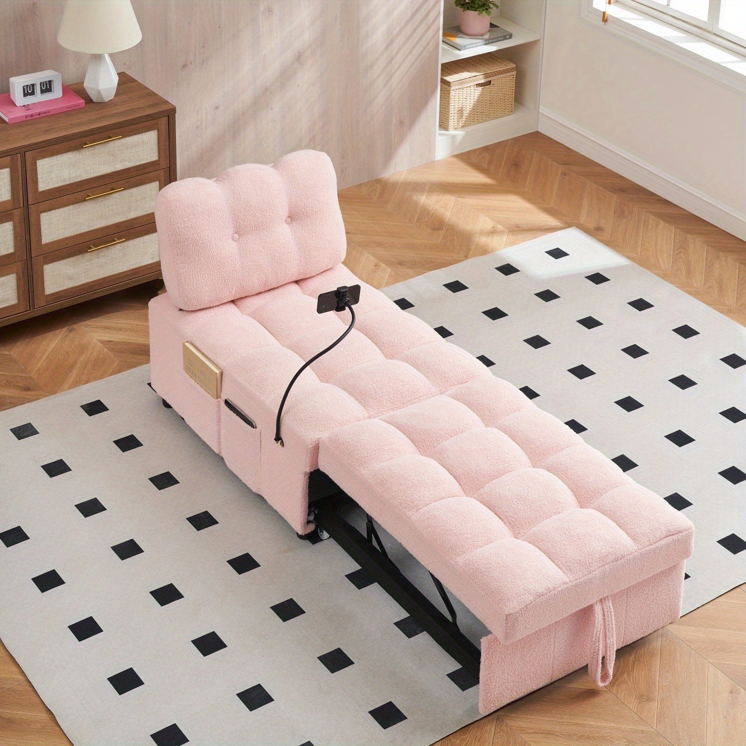 Convertible Pull-Out Sofa Bed With Phone Holder, Single Sofa Chair With Soft Teddy Velvet Fabric, Space-Saving Design, Easy Transform Into Bed For Small Spaces, Living Room, Bedroom, Office, Halloween Gift, Xmas Decor, Pink