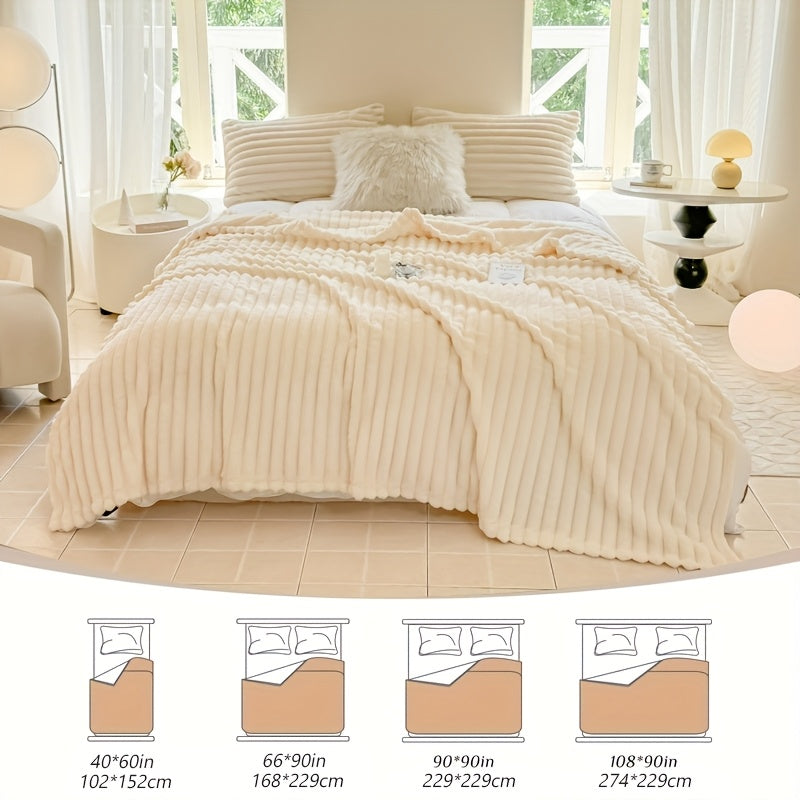 1pc Ultra-Soft Imitation Rabbit Fur Double-Sided Fleece Blanket - All-Season Cozy Warmth, Plush White with Blue Striped Pattern, Lightweight & Durable for Home, Office, Camping, Travel - Luxury Bedspread or Throw, Contemporary Style Gift Blanket, Christma