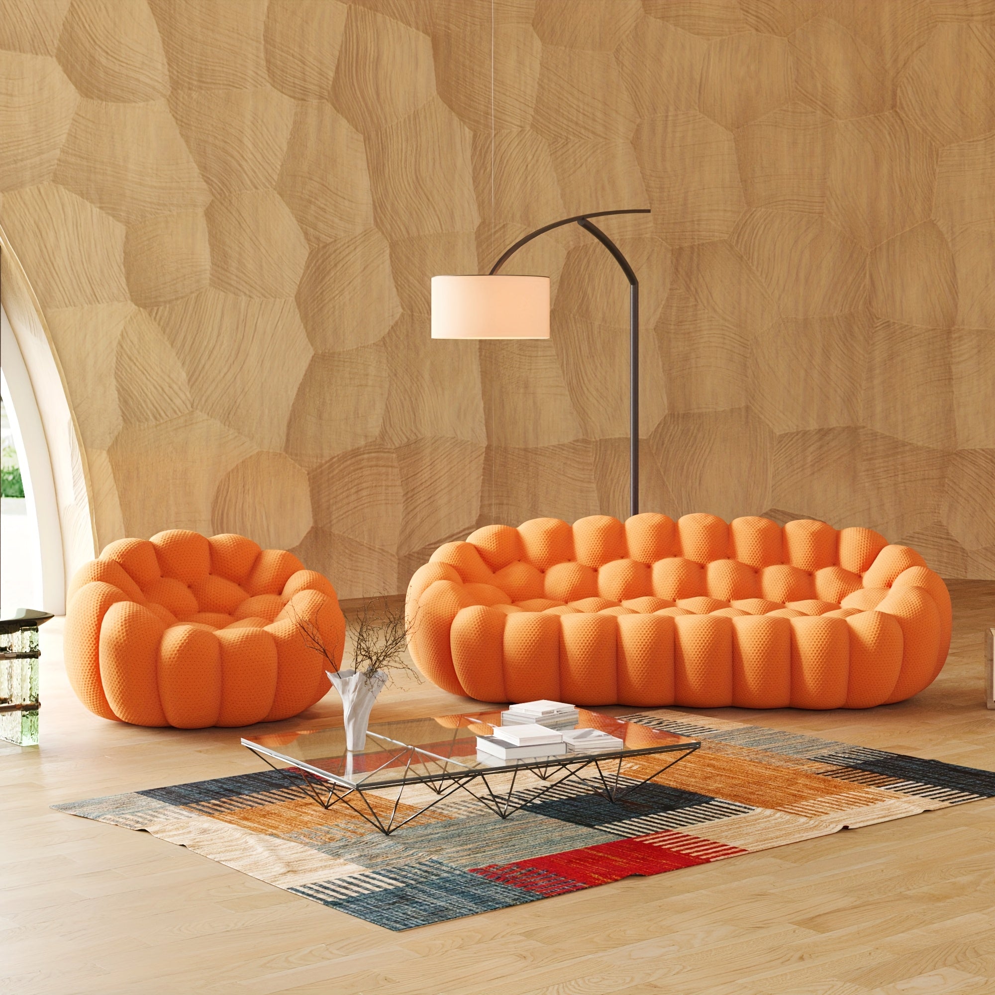 Modern Oversized Bean Bag Sofa with Ottoman - 3D Knitted Fabric, Orange, Football-Shaped Design, No Assembly Required, 700 lbs Load Capacity, Perfect for Contemporary Living Rooms, Sofa for Living Room