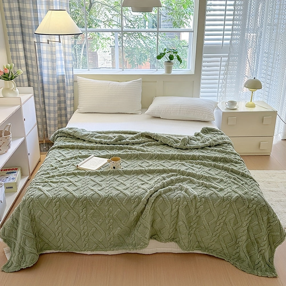 1pc Lamb Fleece Blanket - Plush Thick Warm All-Season Soft Green Flannel Throw with 3D Fashionable Design, Multifunctional for Bed, Couch & Travel, Luxury French Style Cozy Bedding in Muted Green Tones (Beige, Blue, Pink, Grey, White, Black) - Durable & E