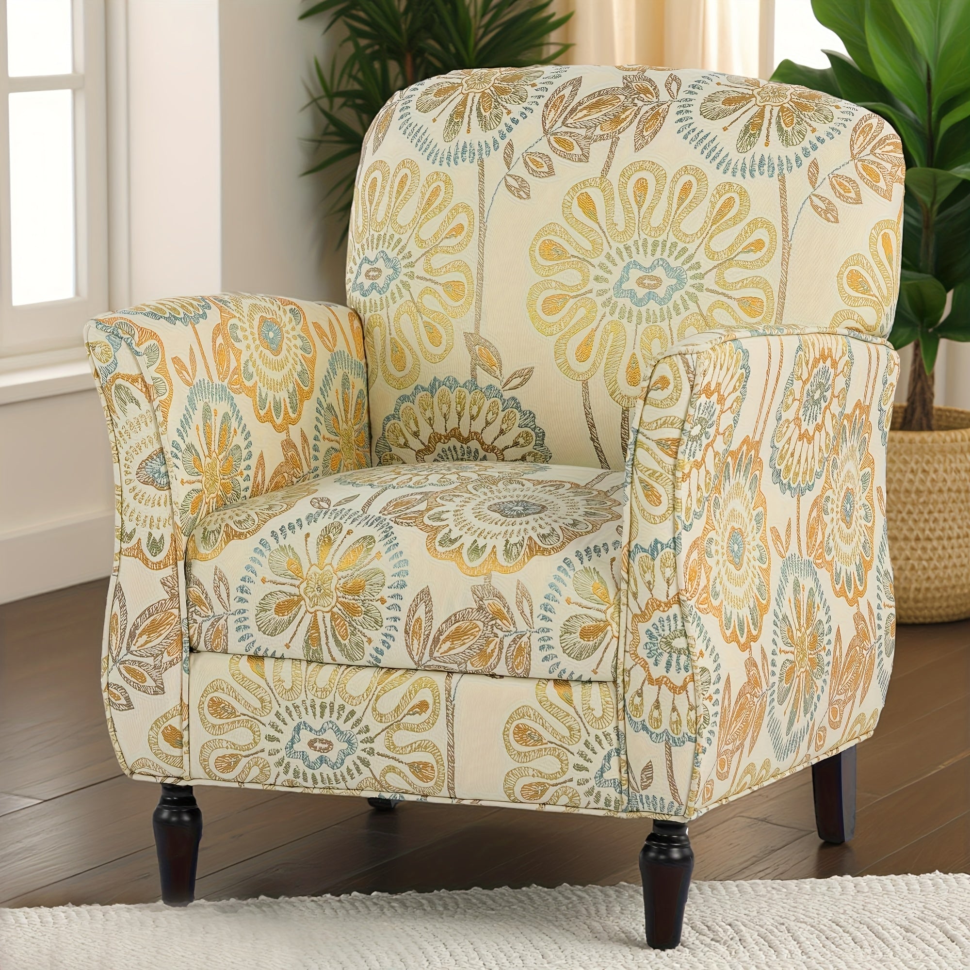 Fresh and Elegant Single Sofa with Sunflower Pattern Embellishment, Ergonomic Design, Fits Curvy Figures, Classic Black Solid Wood Base, Suitable for Living Room, Study, Bedroom, etc