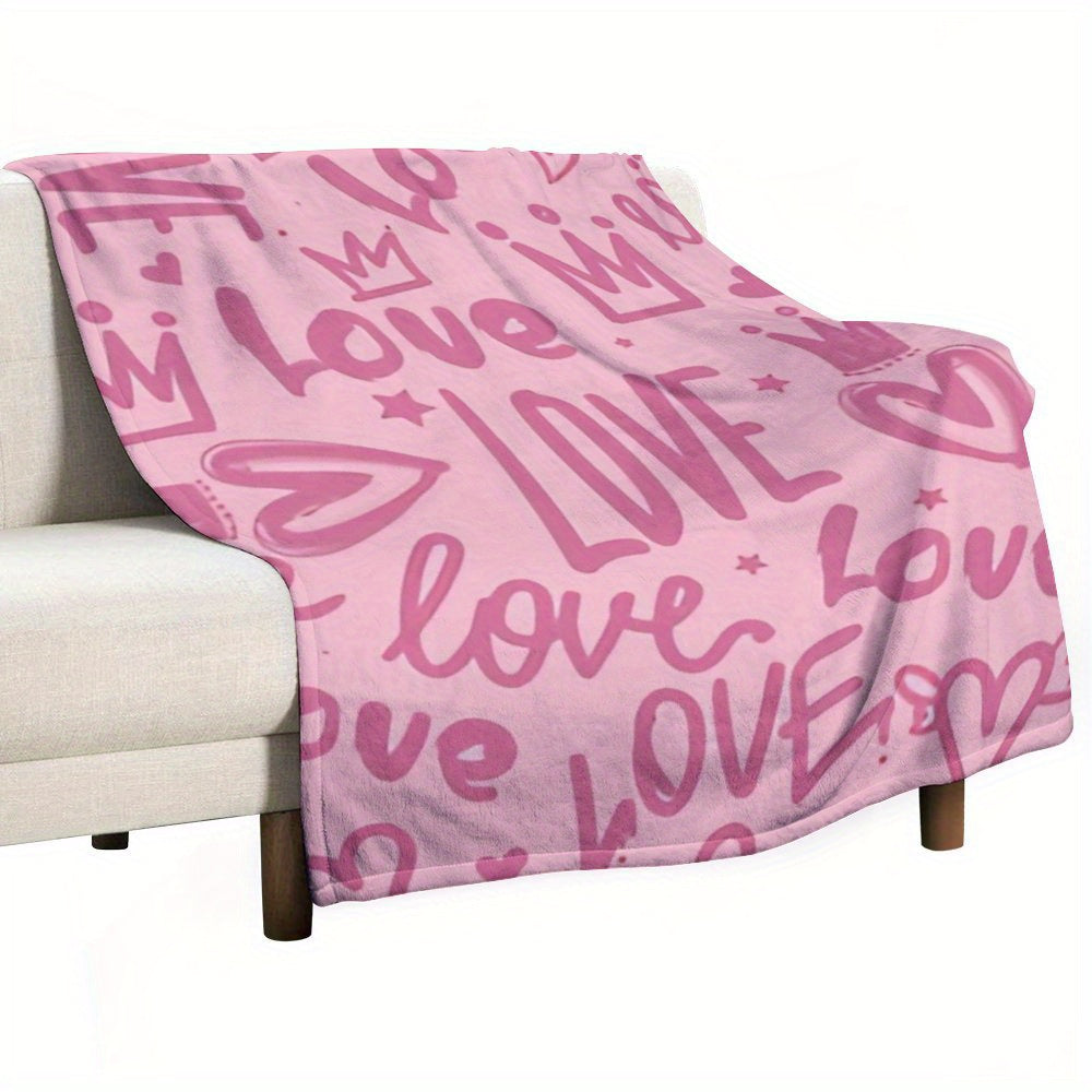1pc Extra-Large Flannel Throw Blanket - Super Soft & Plush All-Season Luxury Bedspread\u002F Couch Cover - Pastel Pink with Hearts, Love Letters & Crown Designs - Lightweight Warm Bedspread for Queen\u002FKing Beds, Sofa, Travel - Machine Washable Cozy Ho