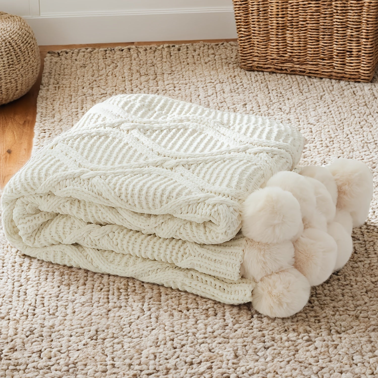 Ultra Soft Cozy Chenille Solid Color Throw Blanket with 16pcs Handmade Pom Poms Rhombus Textured Best Gift to Friend And Parents Blanket Decorative for Sofa Couch Bed 50x60 Inches Weight 2.2 Pounds