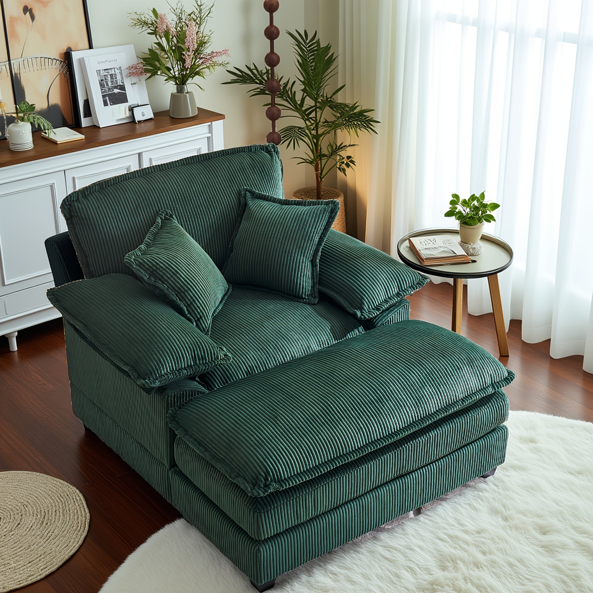 Corduroy Single Sofa With 2 Folding Pillows And An Ottoman, Comfort Sofa - Living Room Deep Seating Sofa