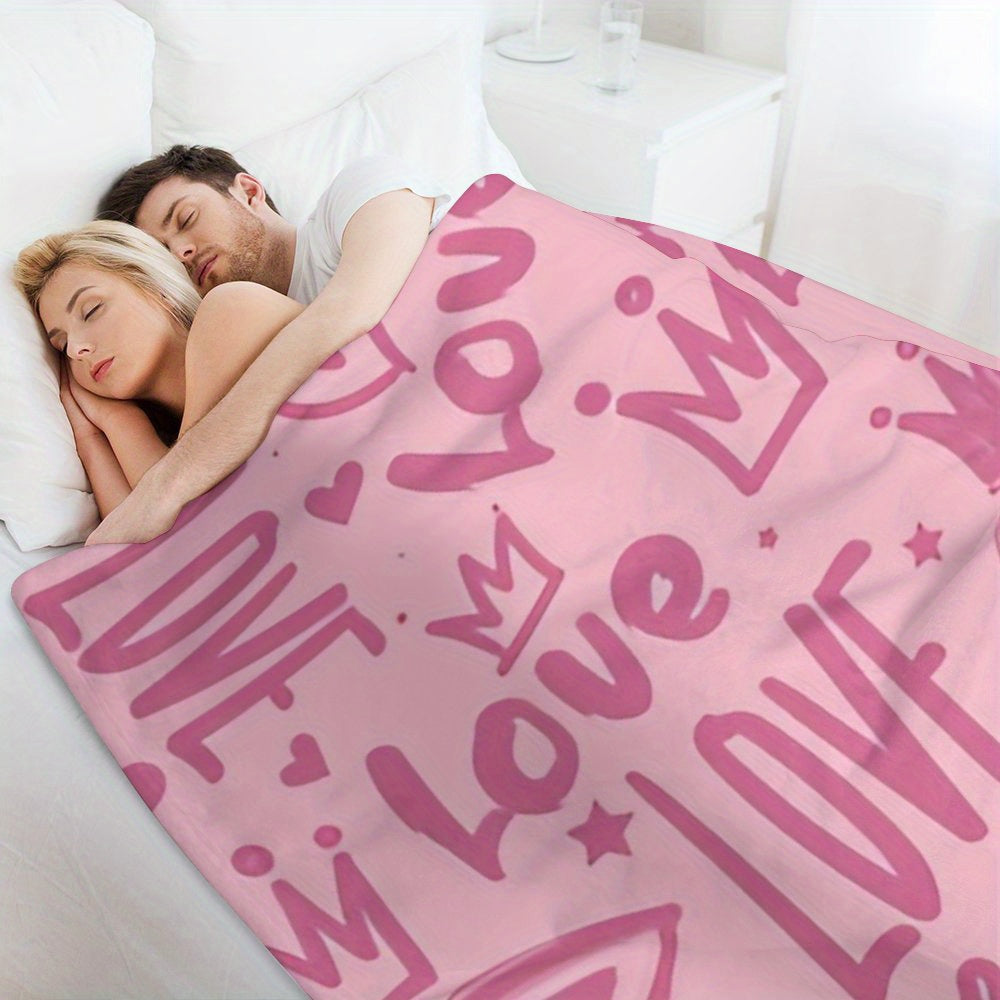 1pc Extra-Large Flannel Throw Blanket - Super Soft & Plush All-Season Luxury Bedspread\u002F Couch Cover - Pastel Pink with Hearts, Love Letters & Crown Designs - Lightweight Warm Bedspread for Queen\u002FKing Beds, Sofa, Travel - Machine Washable Cozy Ho