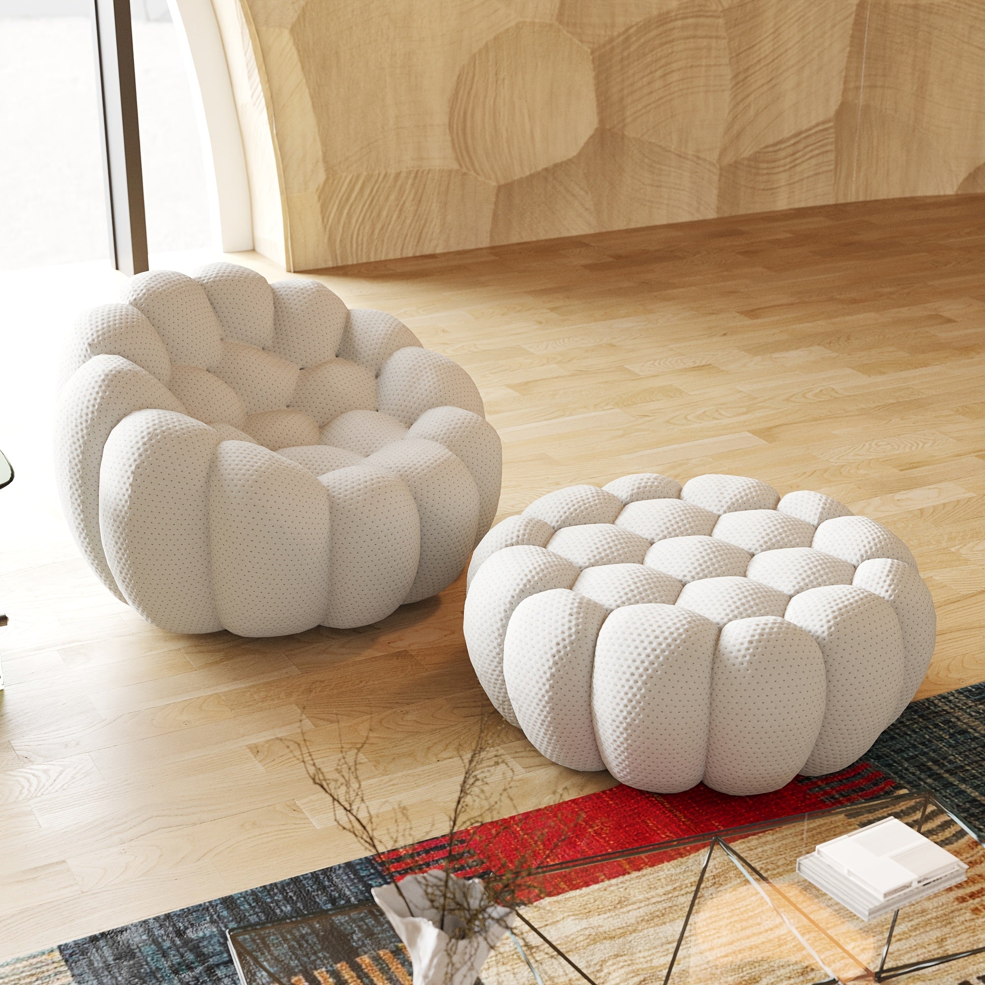 Modern Oversized Bean Bag Sofa with Ottoman - 3D Knitted Fabric, Orange, Football-Shaped Design, No Assembly Required, 700 lbs Load Capacity, Perfect for Contemporary Living Rooms, Sofa for Living Room